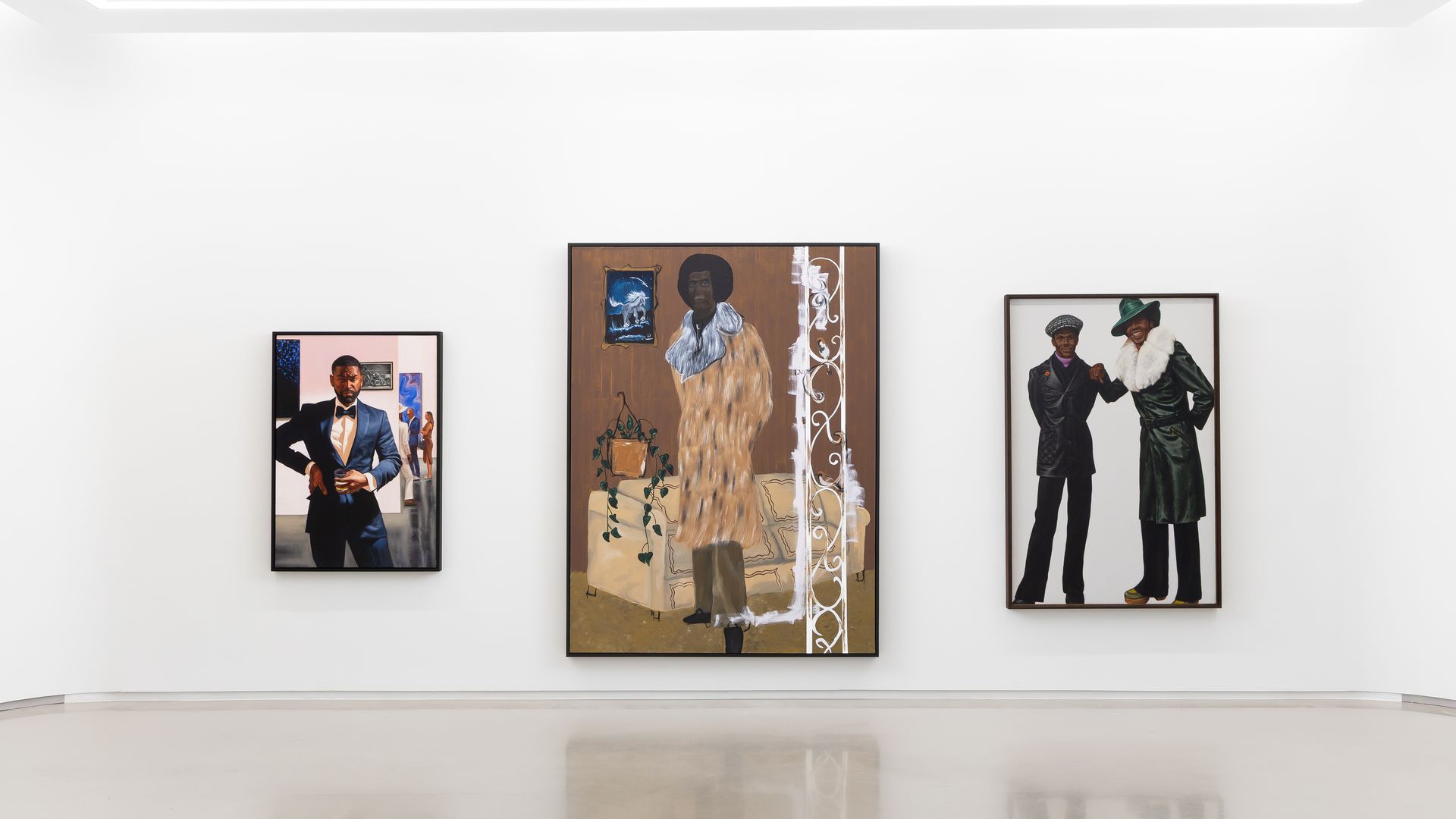 Three painted portraits of people in suits and jackets, looking at the painter