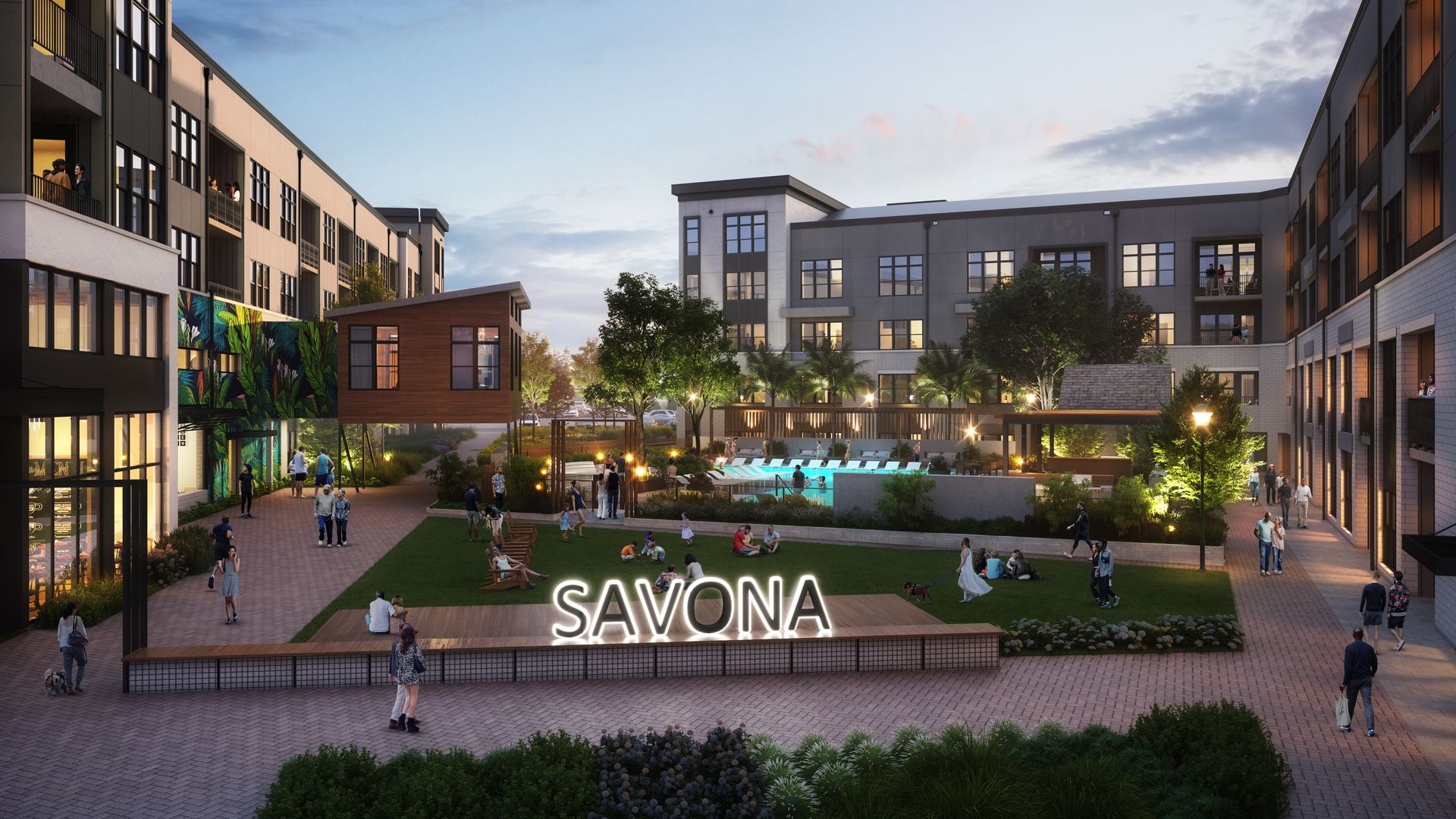 Rendering of a former textile factory renovated into mid-rise apartments, retail, creative office space and a community plaza