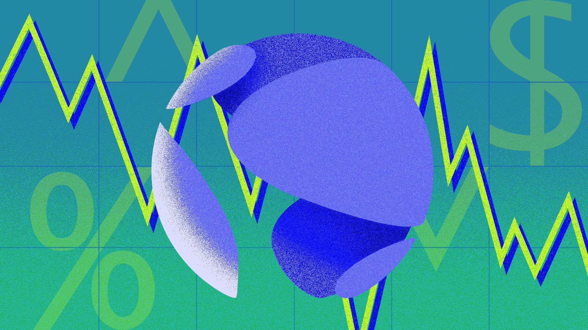 Illustration of the Terra logo surrounded by a grid, a downward trend line, and various money-related symbols