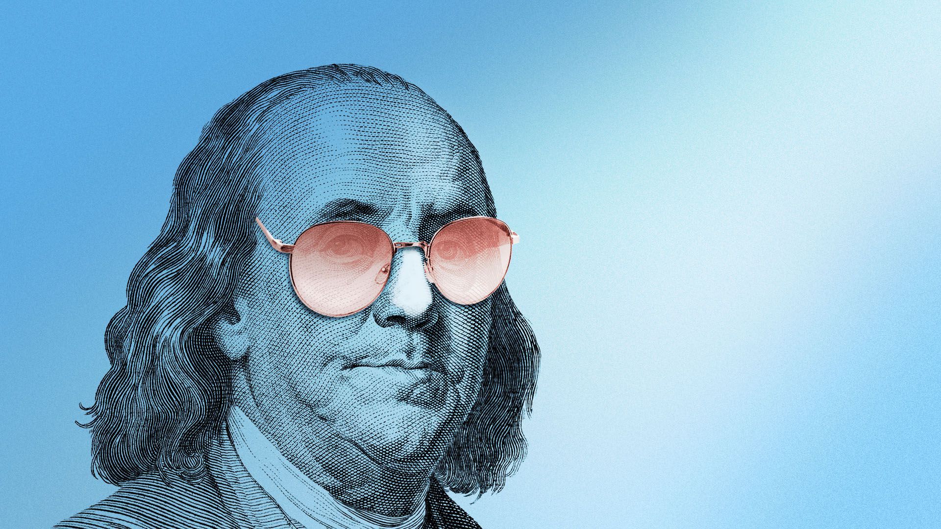 Illustration of Benjamin Franklin wearing sunglasses and sunscreen.