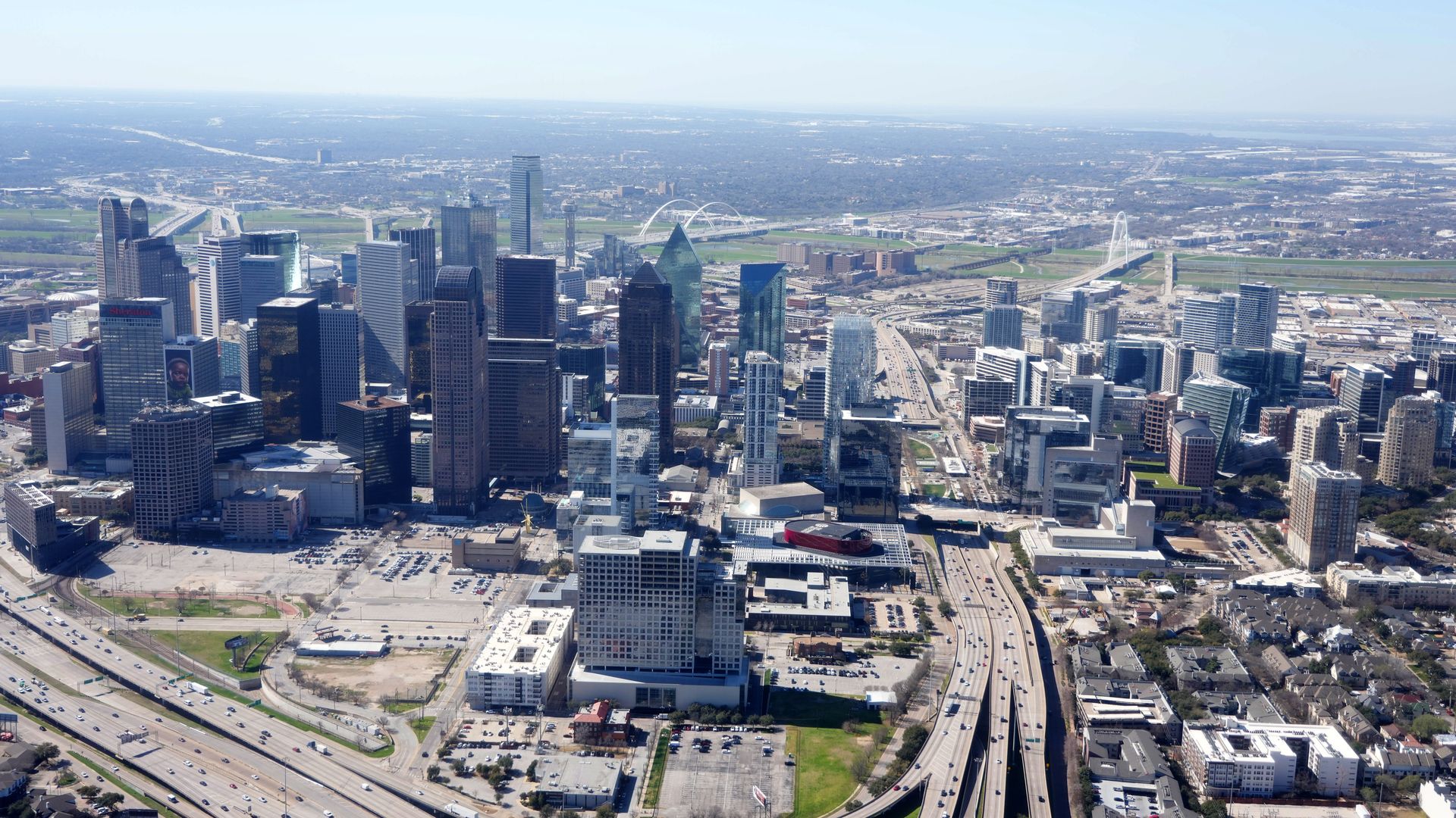 An aerial view of Downtown Dallas and surrounding land