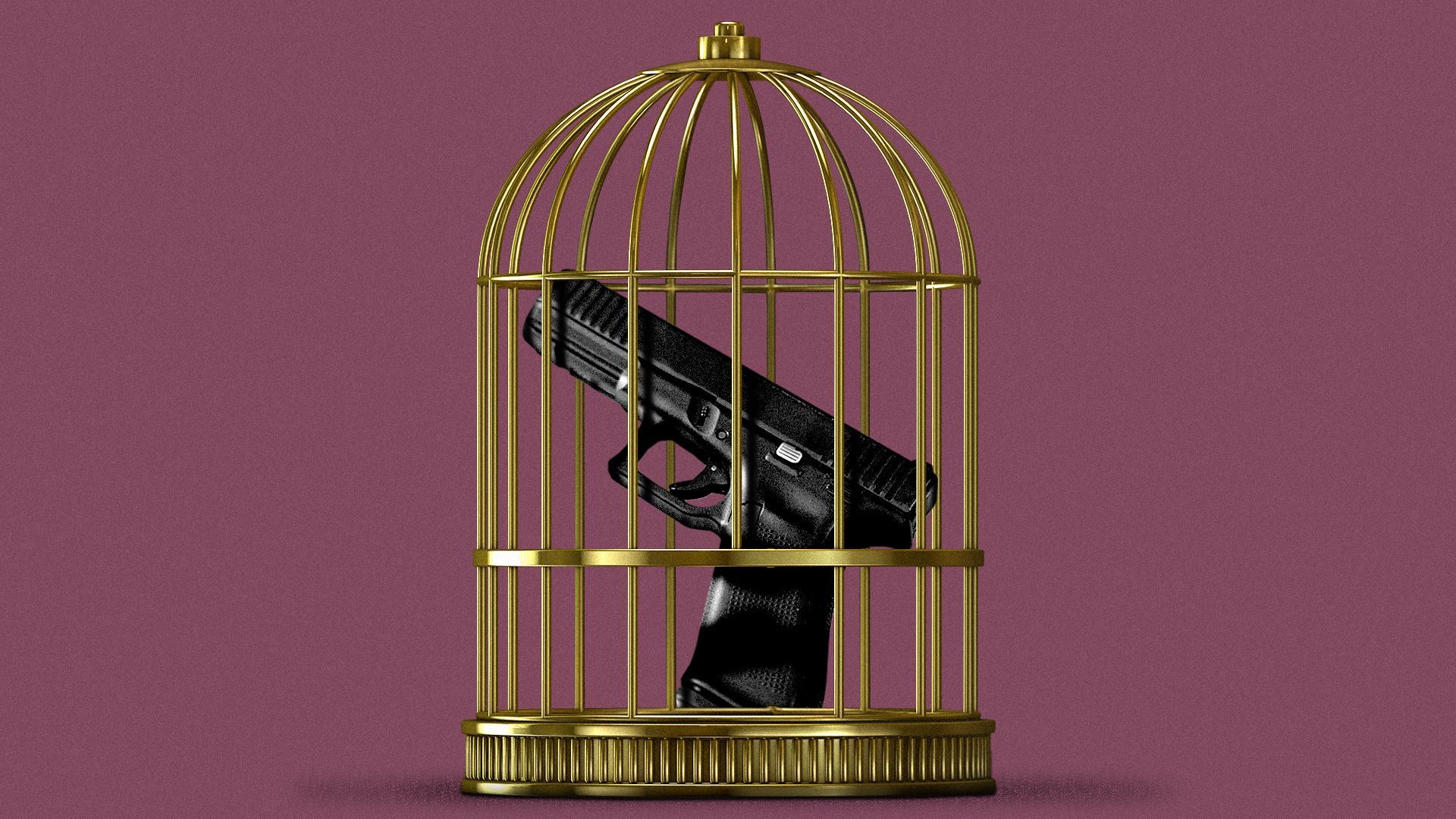 Illustration of a handgun inside a gold cage.