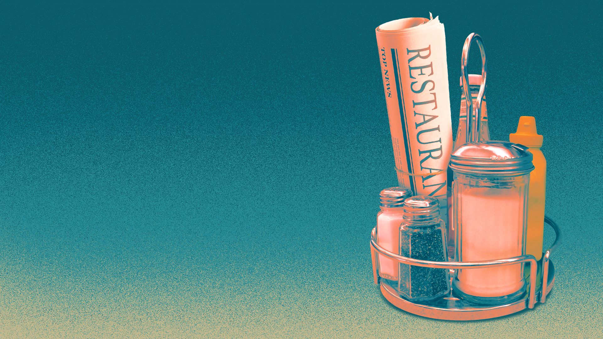Illustration of a restaurant condiment holder with a newspaper inside
