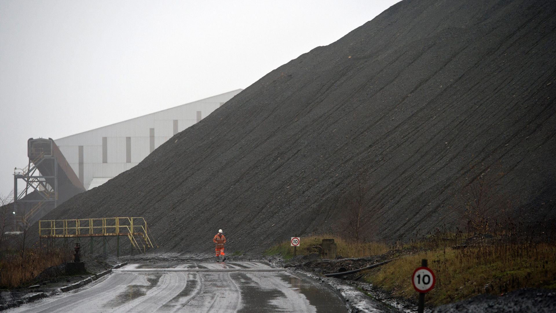 a slag heap at the entrance to Kellingley Colliery, the last deep coal mine operating in Britain near Knottingley, northern England