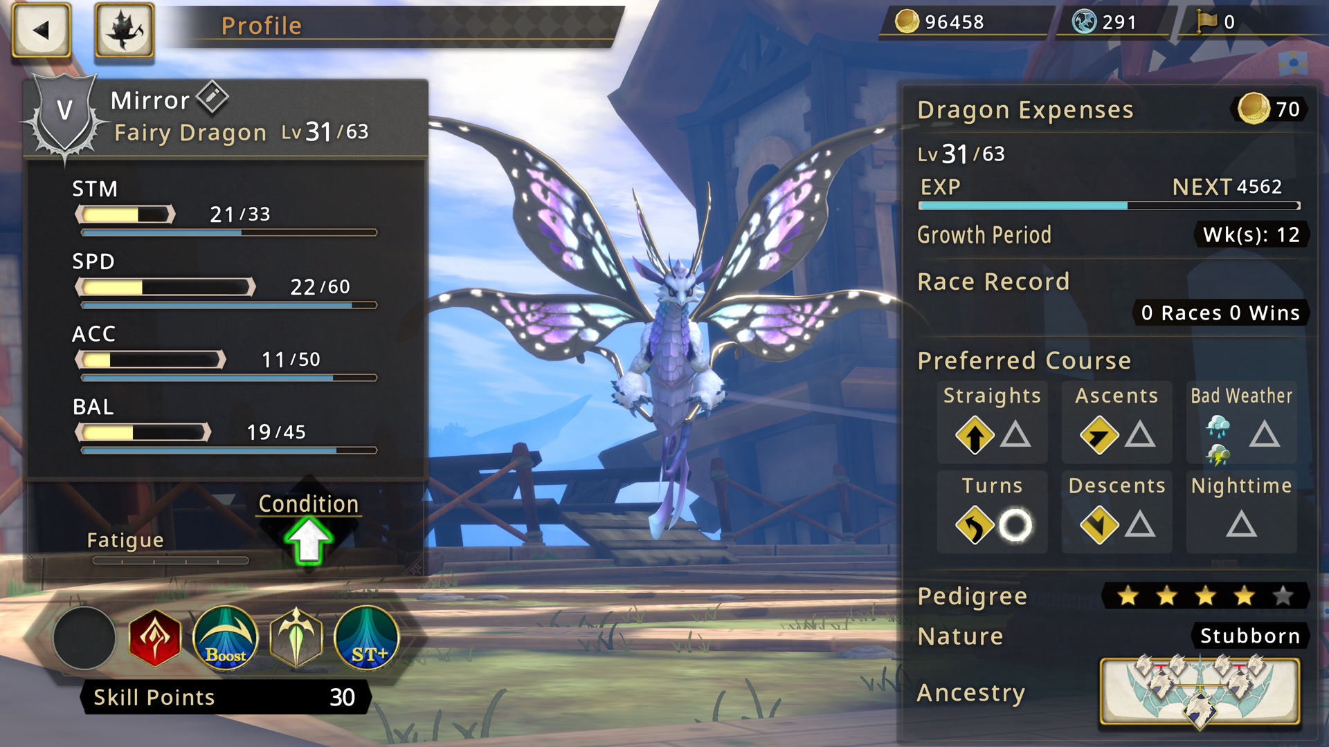 Video game screenshot of a dragon surrounded by panels showing its statistical abilities