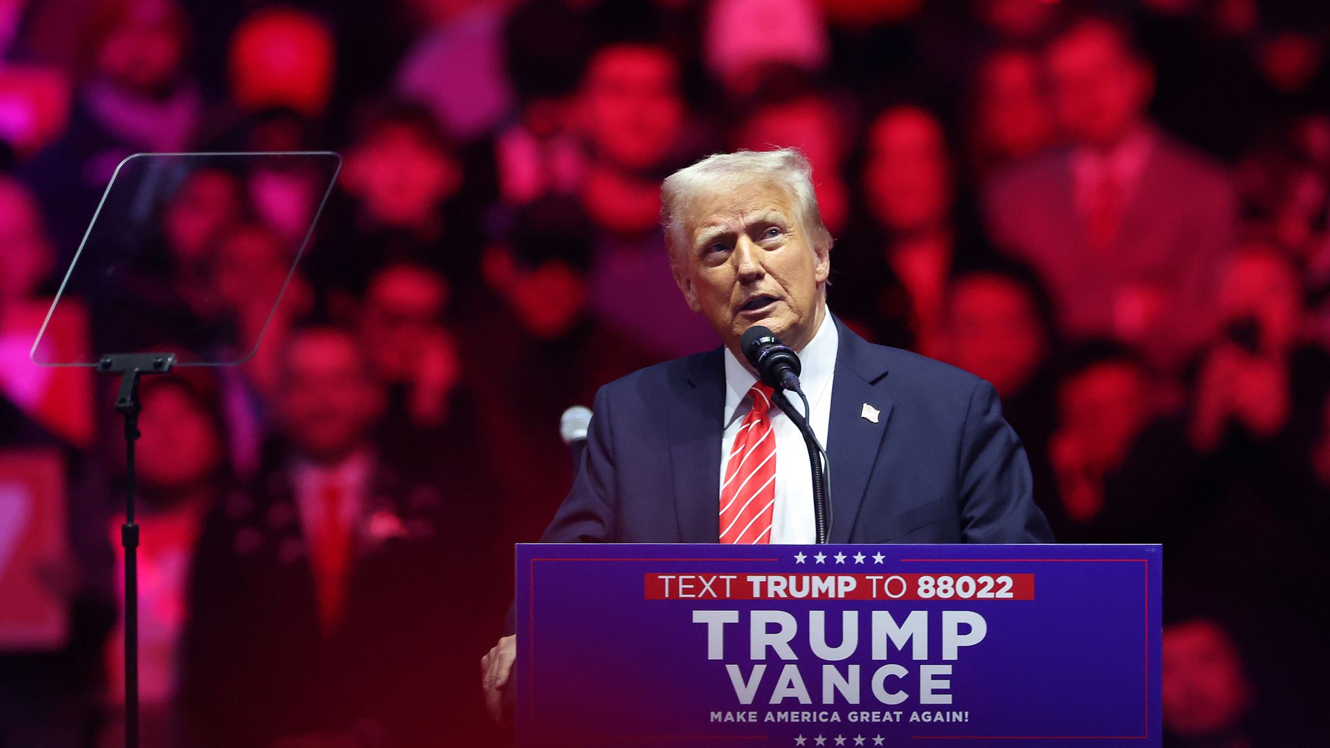 Donald Trump speaks at his victory rally at the Capital One Arena on January 19