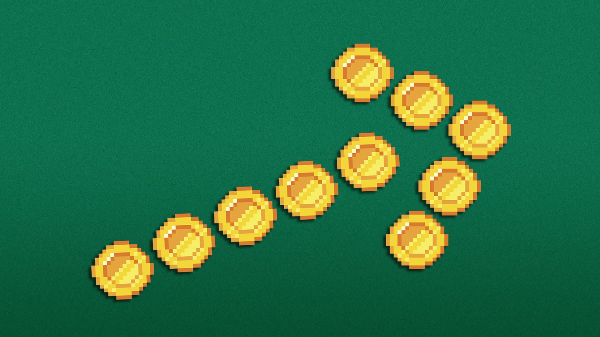 Illustration of pixelated coins in the shape of an arrow pointing up.