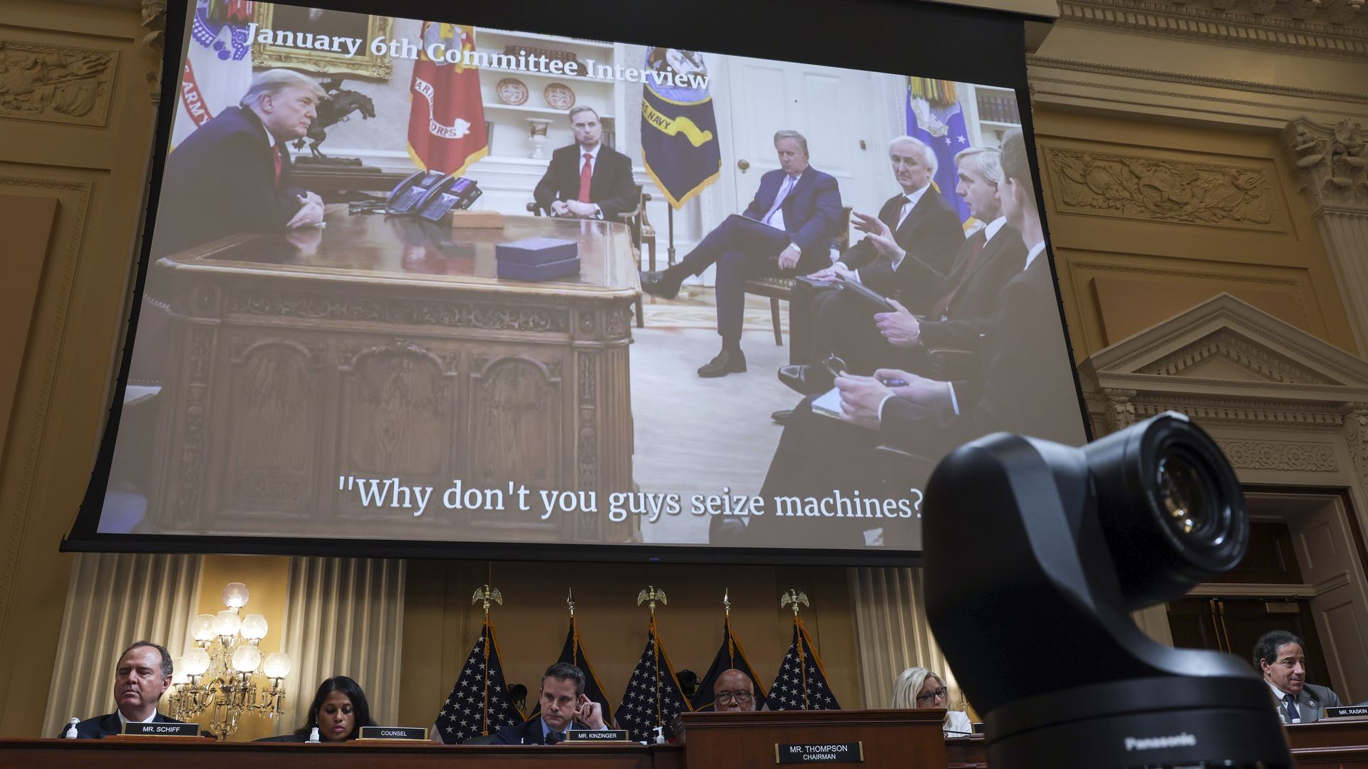 : A video featuring a picture from a White House meeting is played during the fifth hearing by the House Select Committee to Investigate the January 6th Attack