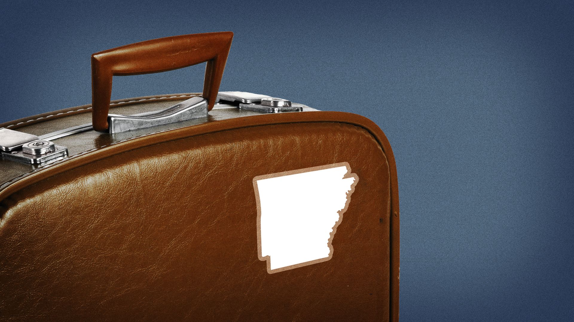 Illustration of a suitcase with a sticker shaped like Arkansas.