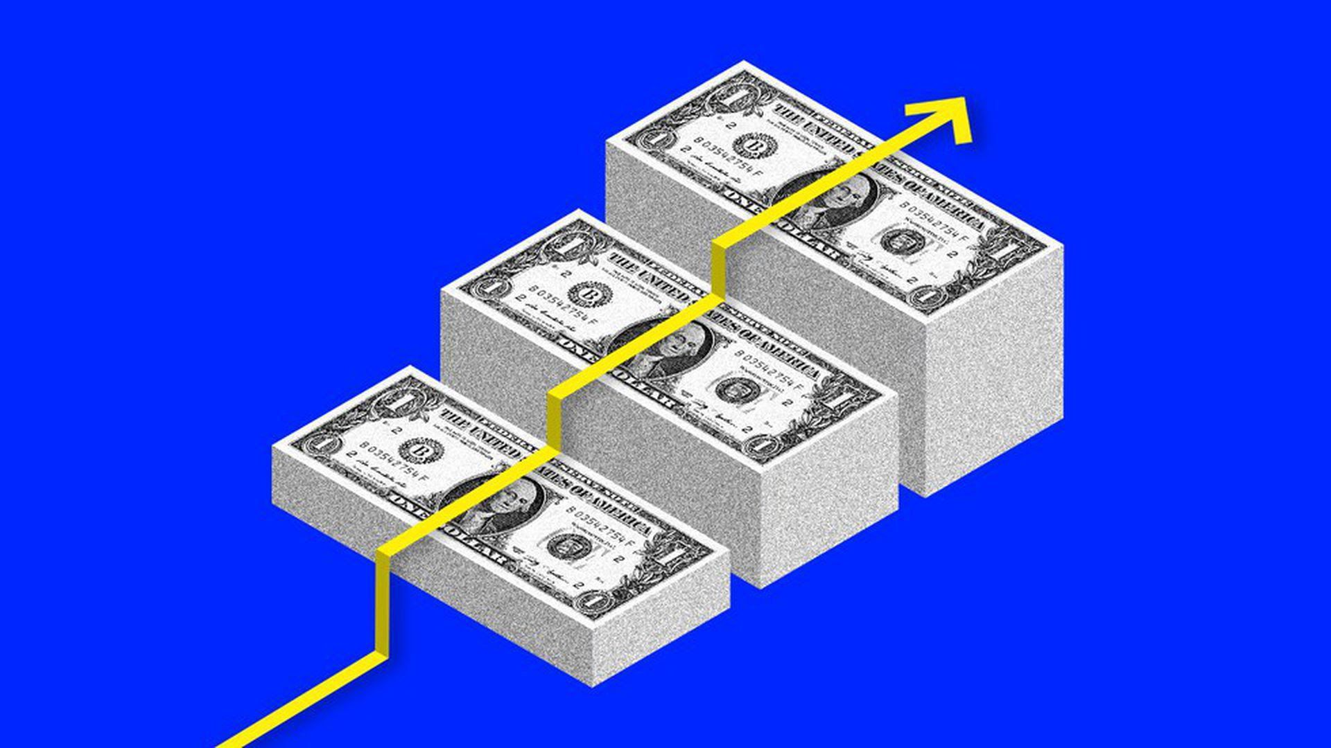 Illustration of stacks of dollar bills arranged by increasing height