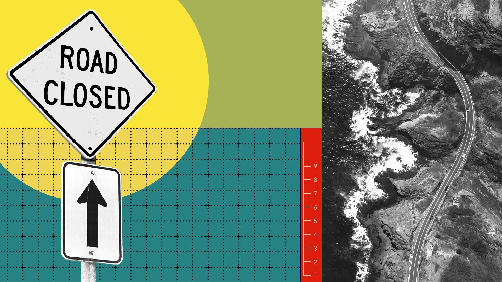 Illustration of a road closed sign and a highway along a shoreline surrounded by shapes, rulers, and grids