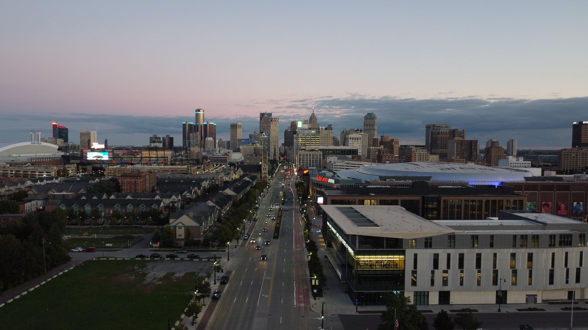 Detroit's downtown skyline in the evening.