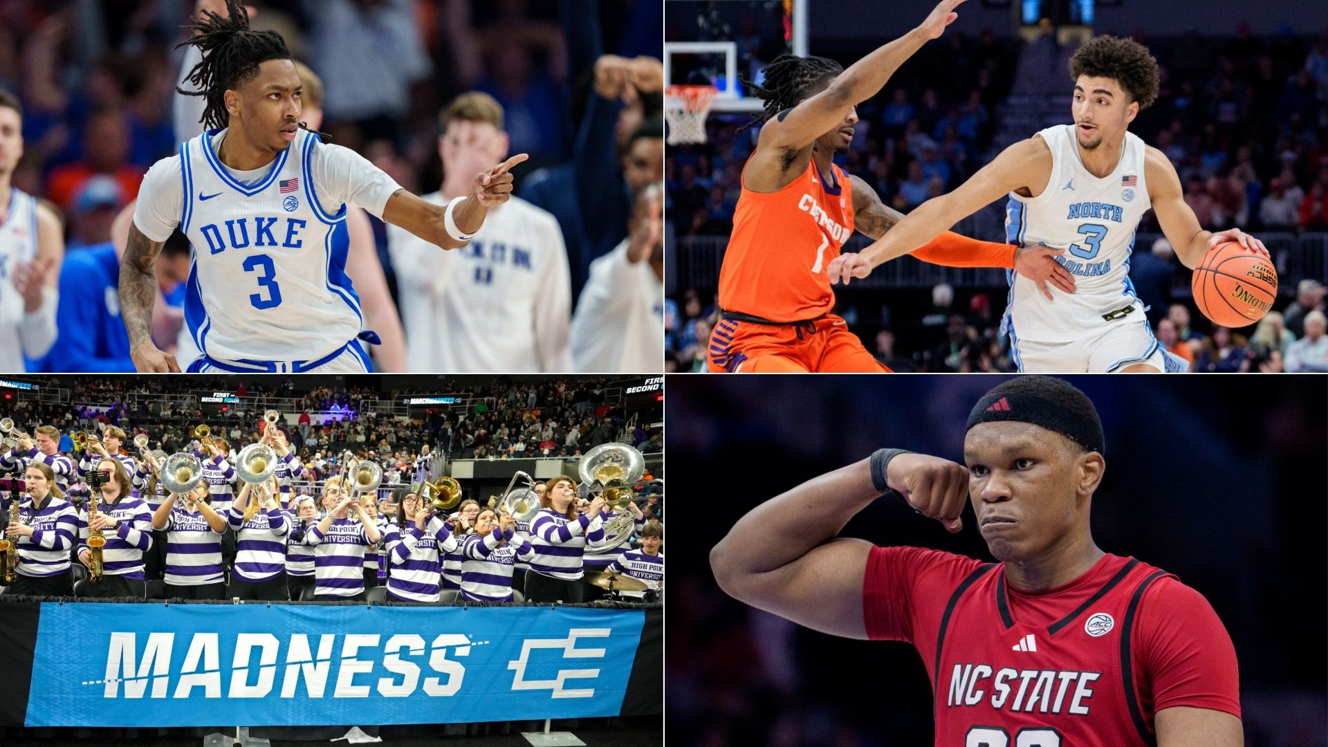 Quad collage: top left Duke #3 in white/blue; top right UNC #3 vs orange defender; bottom left purple-and-white band before "MADNESS" banner; bottom right NC State in red flexing.