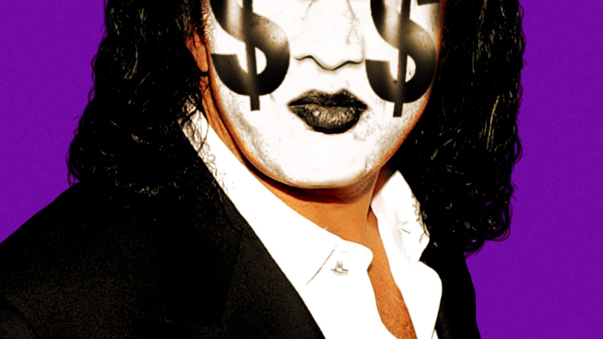 Photo illustration of Gene Simmons in white makeup with black painted dollar signs