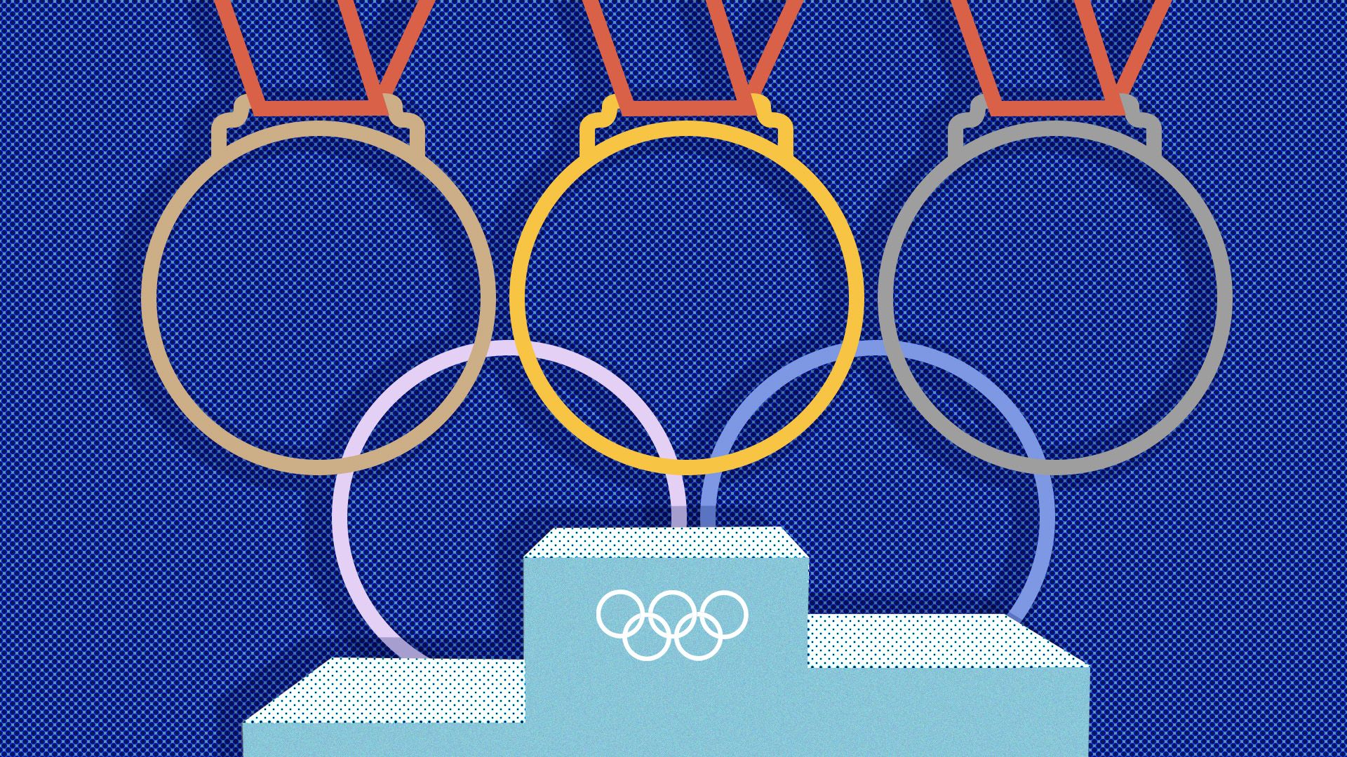 Illustration of the Olympic rings behind a podium. The top 3 rings of the symbol are bronze, silver, and gold medals.