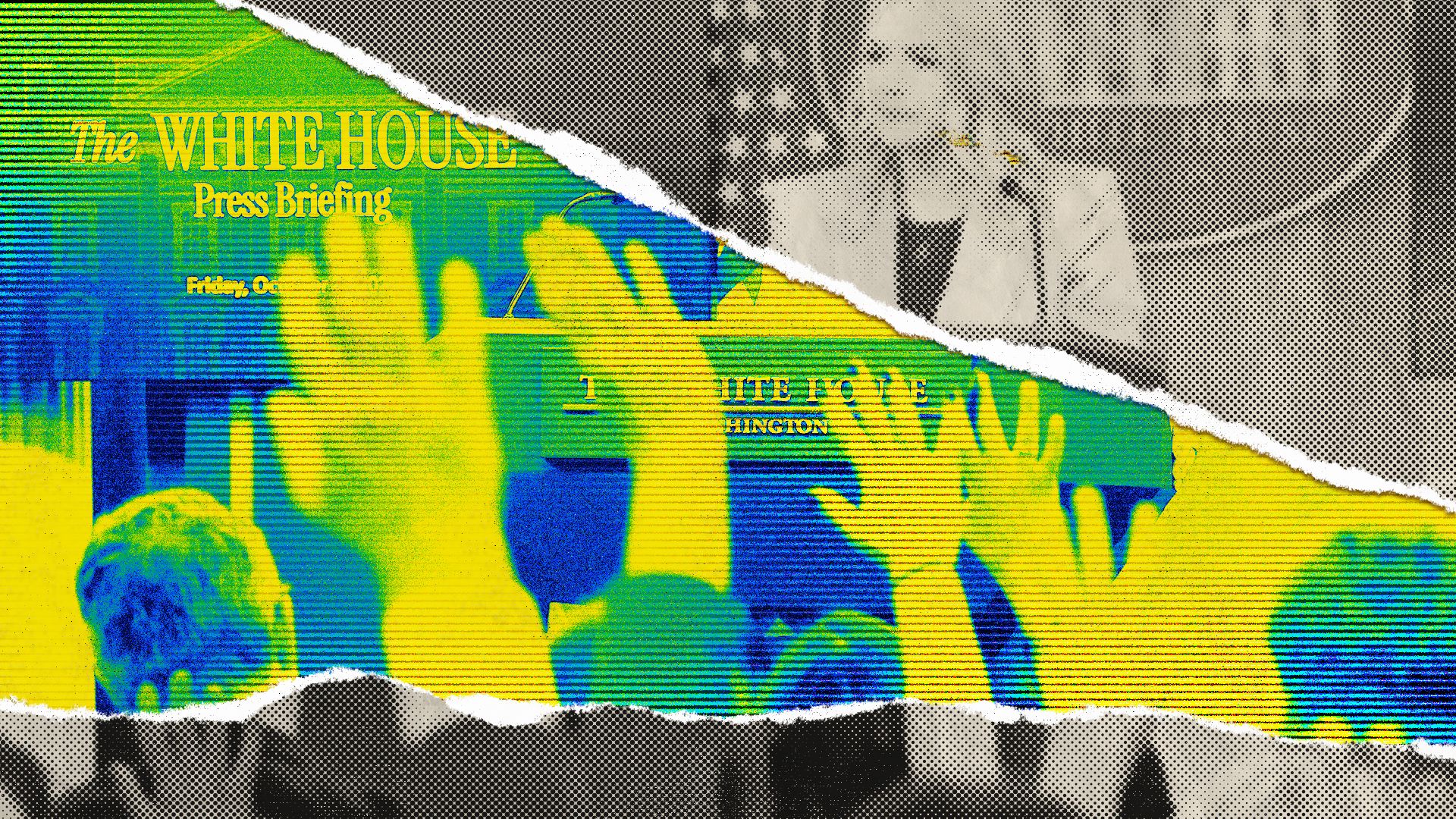 Photo illustration of a print image of the White House press room with a tear in it revealing the same image rendered to look like a digital screen below the paper.

