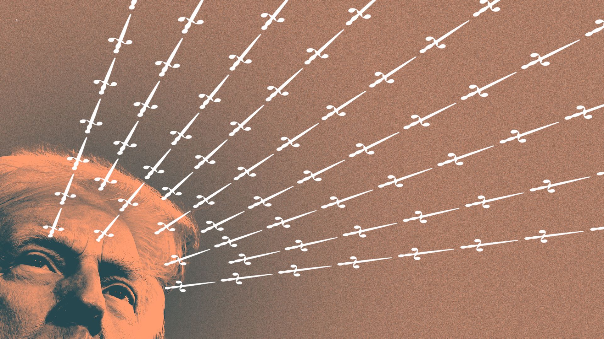 Photo illustration of Donald Trump shooting dagger symbols from his eyes.