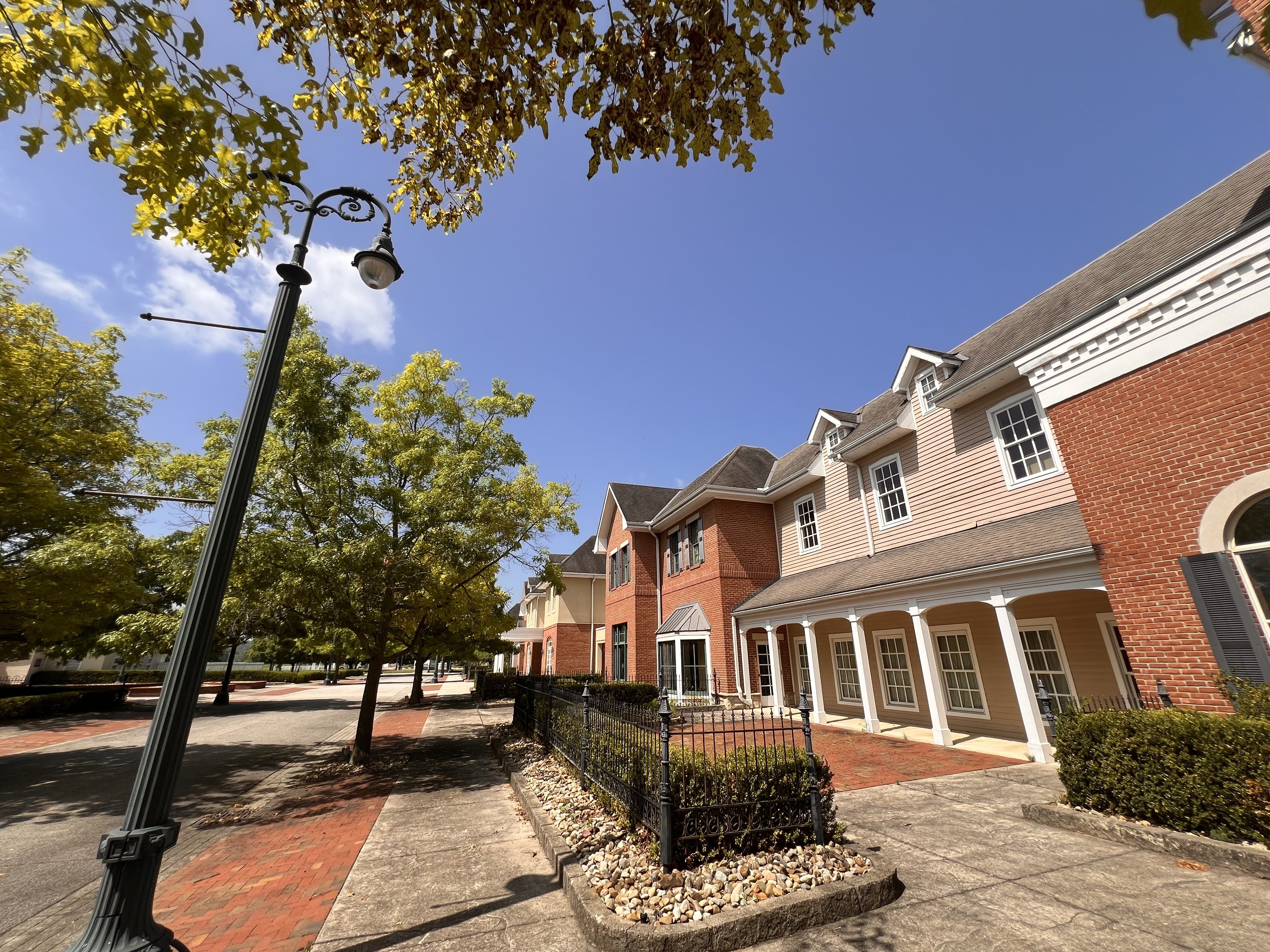 Sunny street scene with a vintage street lamp in the foreground, brick townhouse buildings on the right, and tree-lined sidewalk; blue sky and yellow-green leaves overhead.