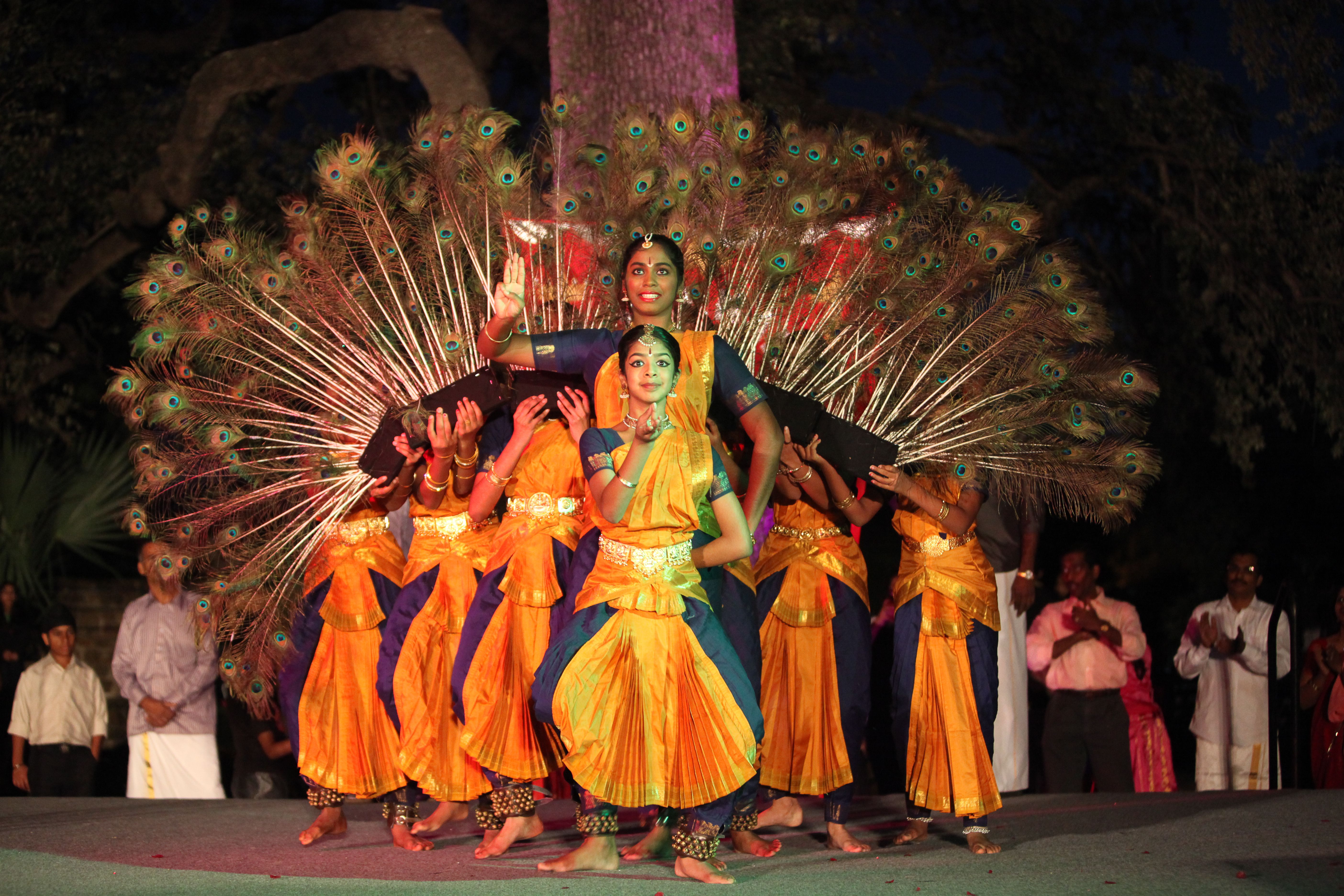 A group of dancers perform an Indian dance on stage with peacock feathers. 