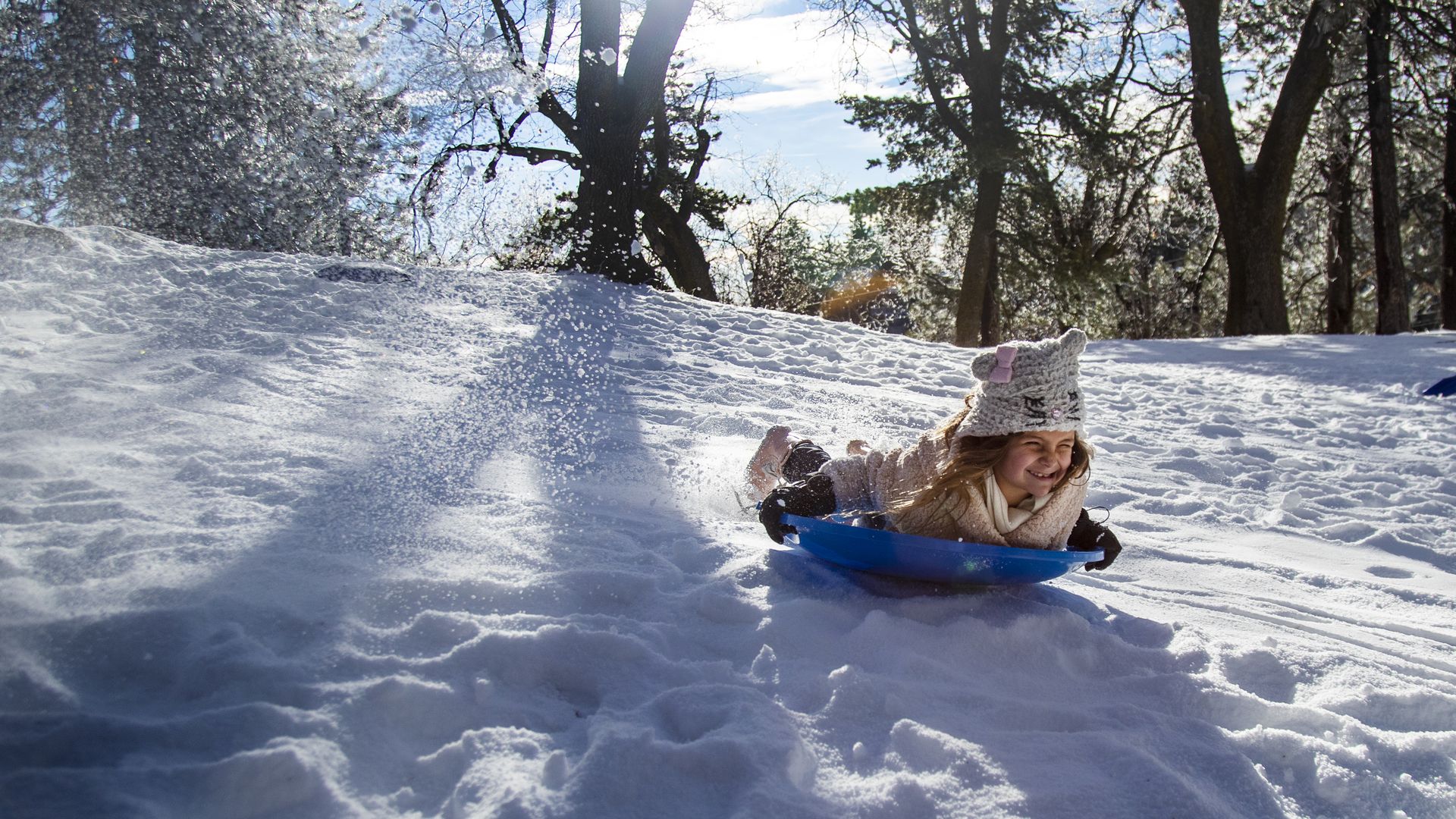 A girl in a knit hat shaped like a cat sleds headfirst down a snowy hill