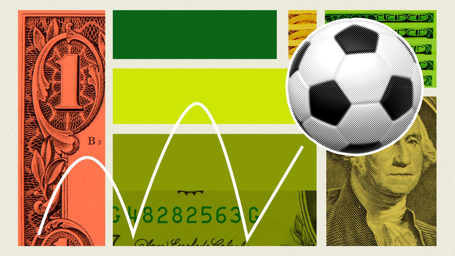 Illustrated collage of a bouncing soccer ball with money.