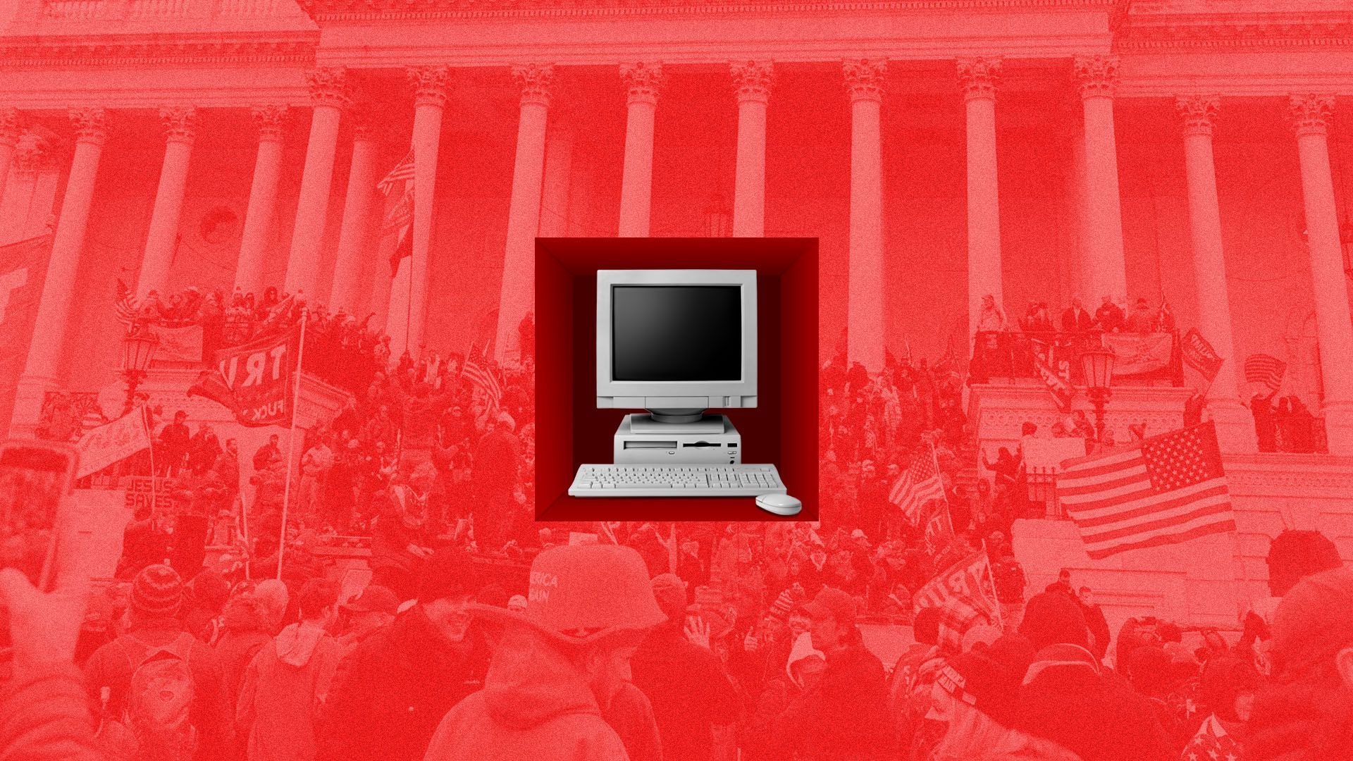 Photo illustration of a computer in the middle of a tiny boxy surrounded by an image of the Capitol insurrection 