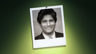 Photo illustration of Jay Chaudhuri in the center of a Polaroid photo under a green spotlight.