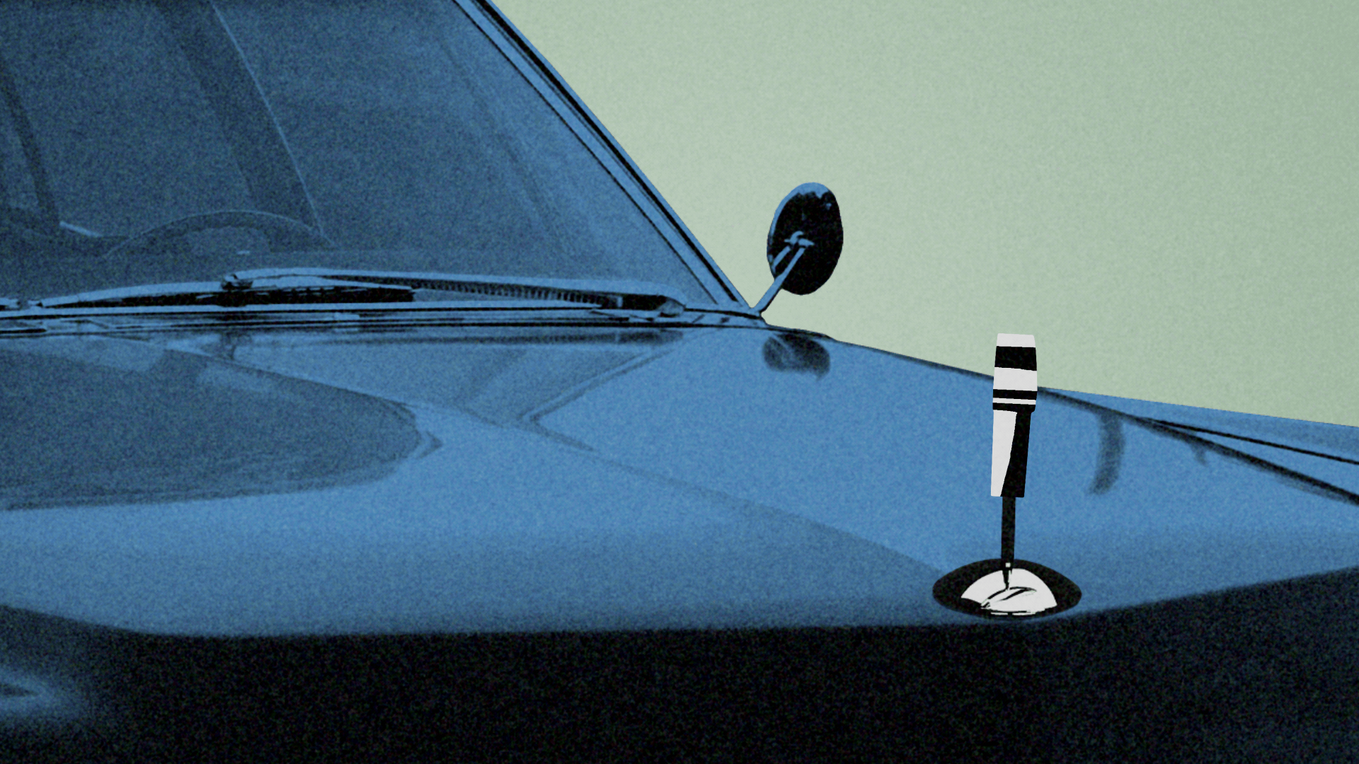 Animated illustration of a car with a rotating hood ornament that cycles through the Tesla, Waymo and Uber logos.