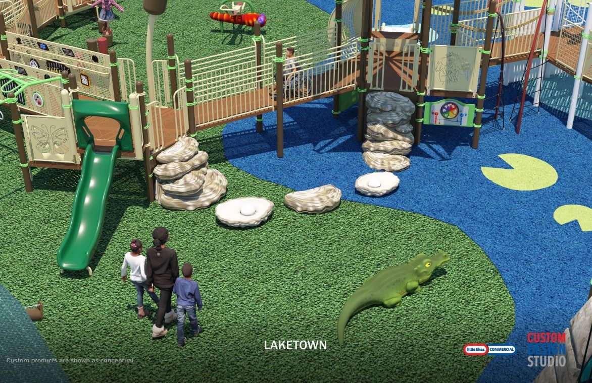 Image shows playground equipment with oyster stepping stones and a toy alligator.