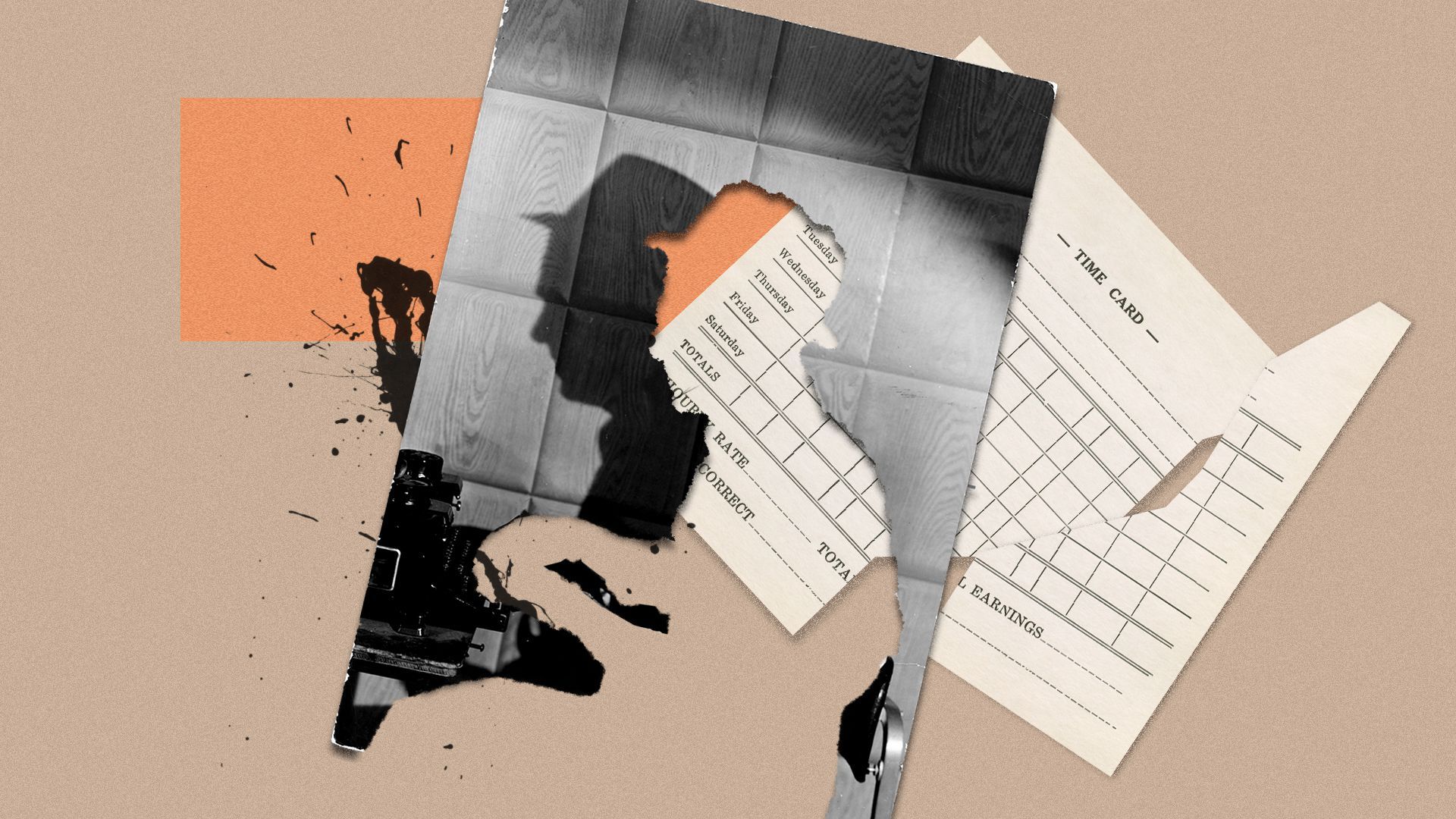 Photo illustration of an old photograph with the subject cut out, shapes, and a torn time card.