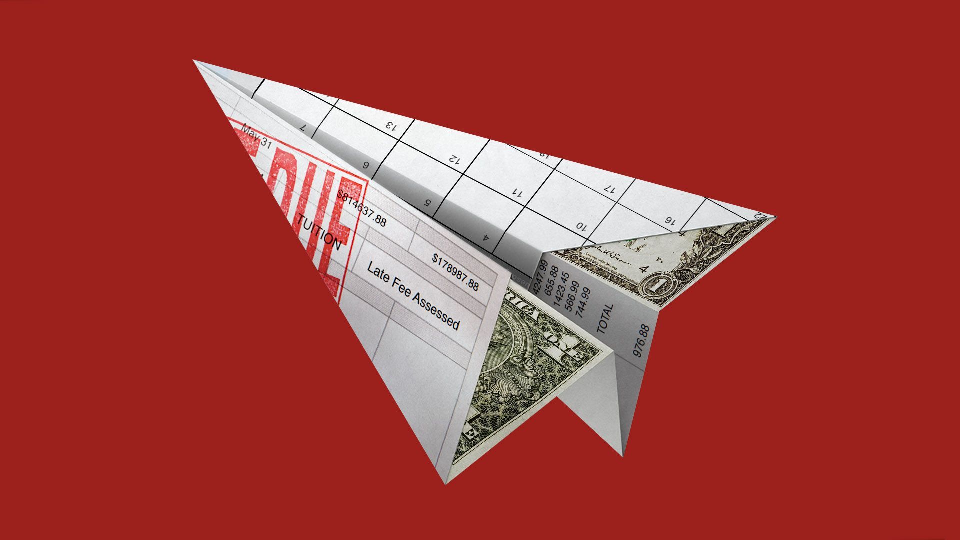 Illustration of a paper airplane made of a student loan bill, dollars and a page from a calendar