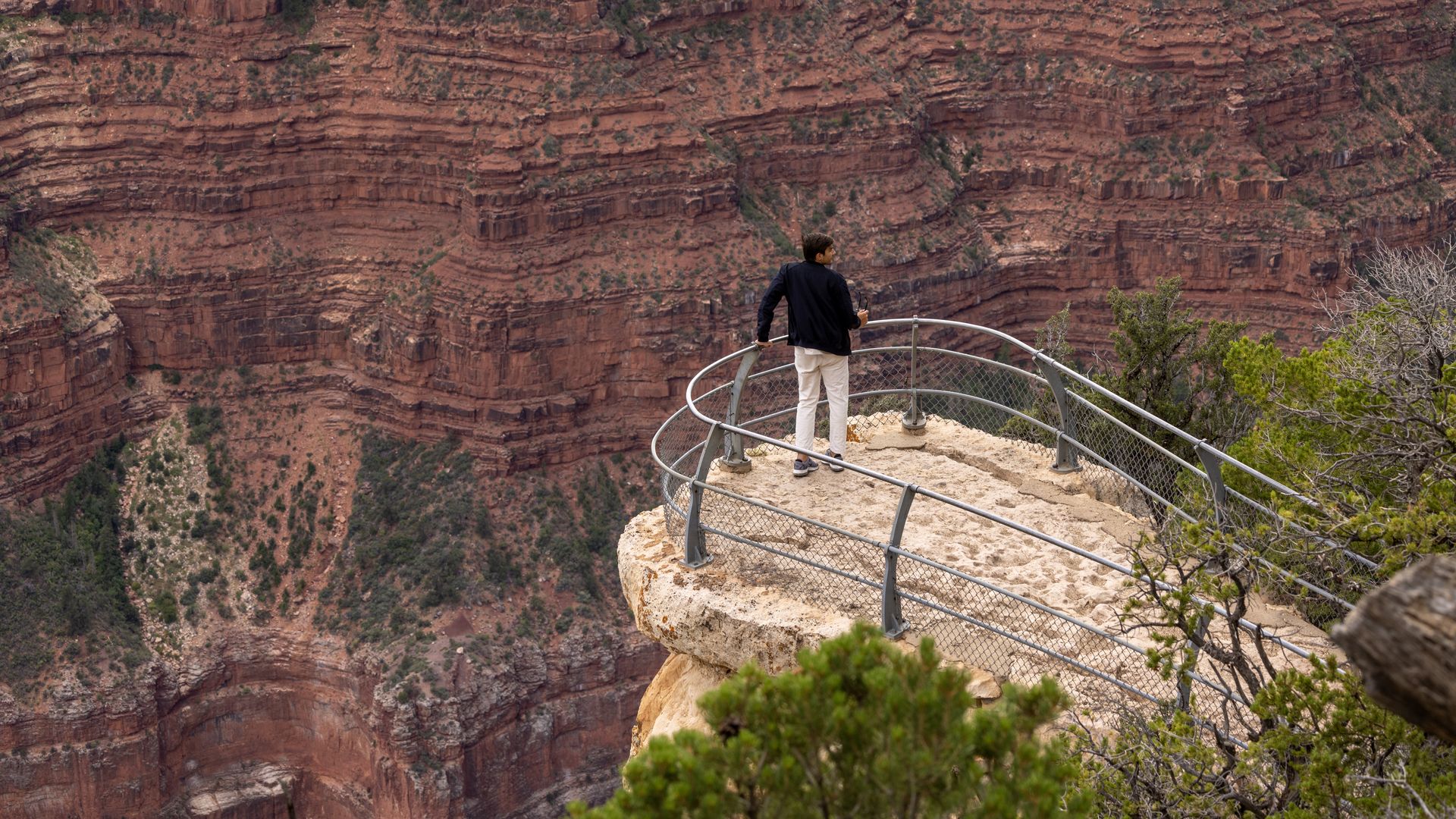 A man at a lookout at the Grand Canyon.