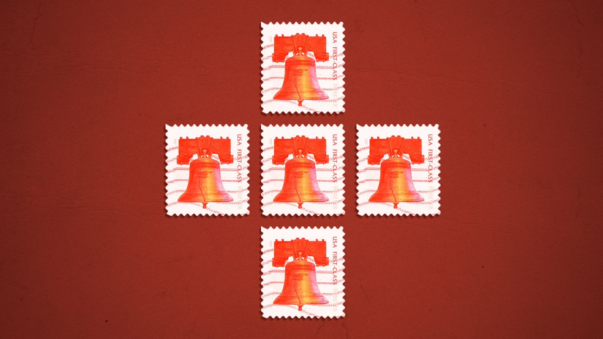 Illustration of a red cross made from stamps.