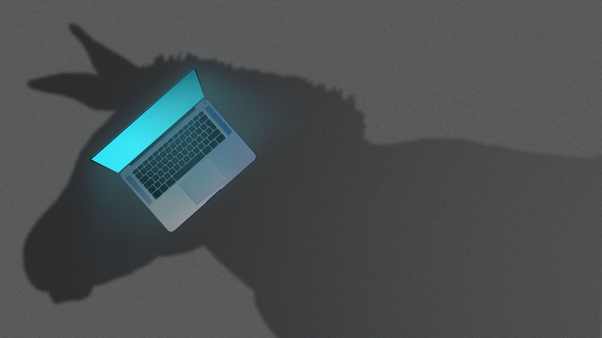 Illustration of the shadow of a donkey hovering over a laptop