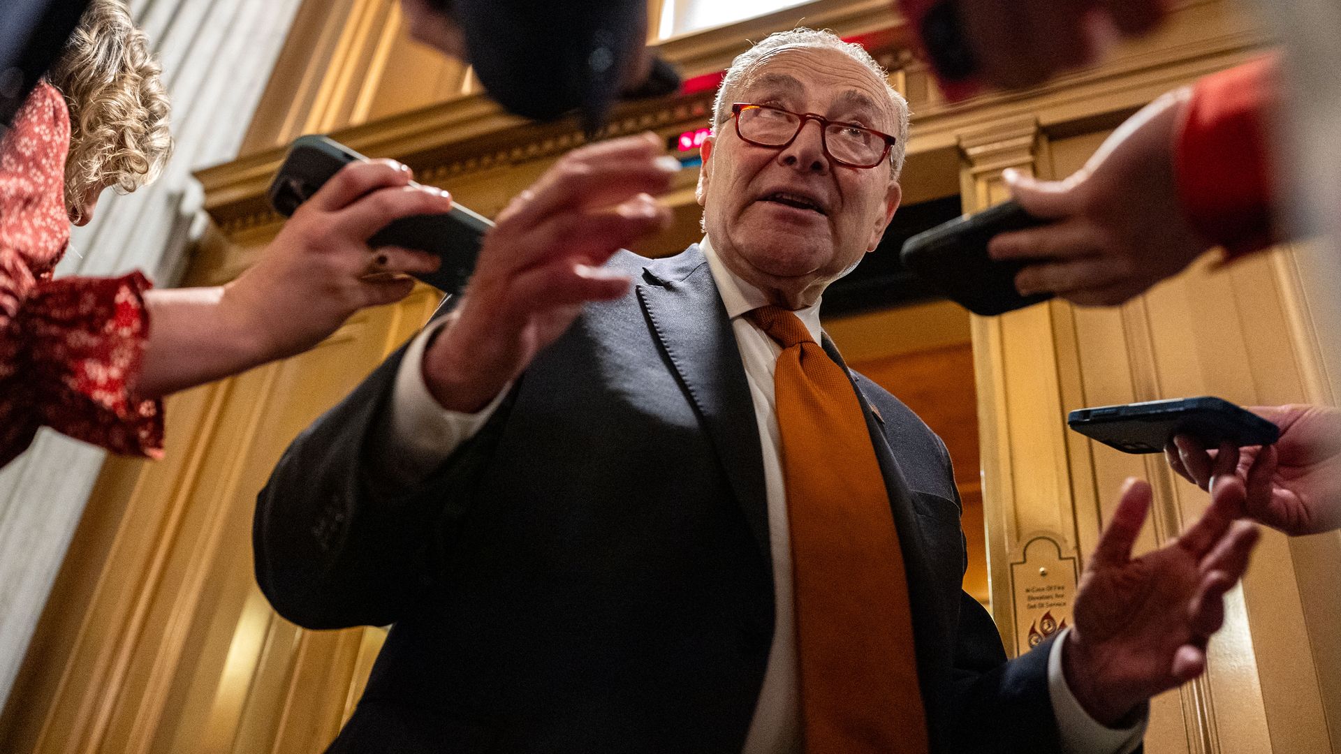 Senate Majority Leader Chuck Schumer (D-NY) speaks with reporters at the U.S. Capitol on December 20, 2024 in Washington, DC.