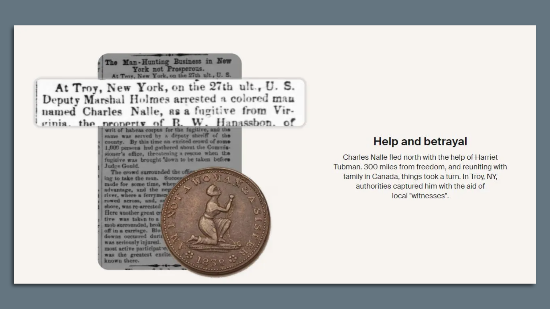 A sample of a record of an enslaved person's record on ancestry.com shows he escaped with the help of Harriet Tubman and was later captured. Photo: Courtesy of ancestry.com