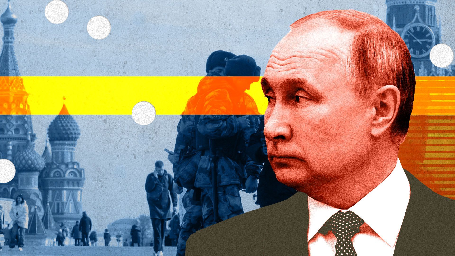 Photo illustration of Vladimir Putin looking over Red Square