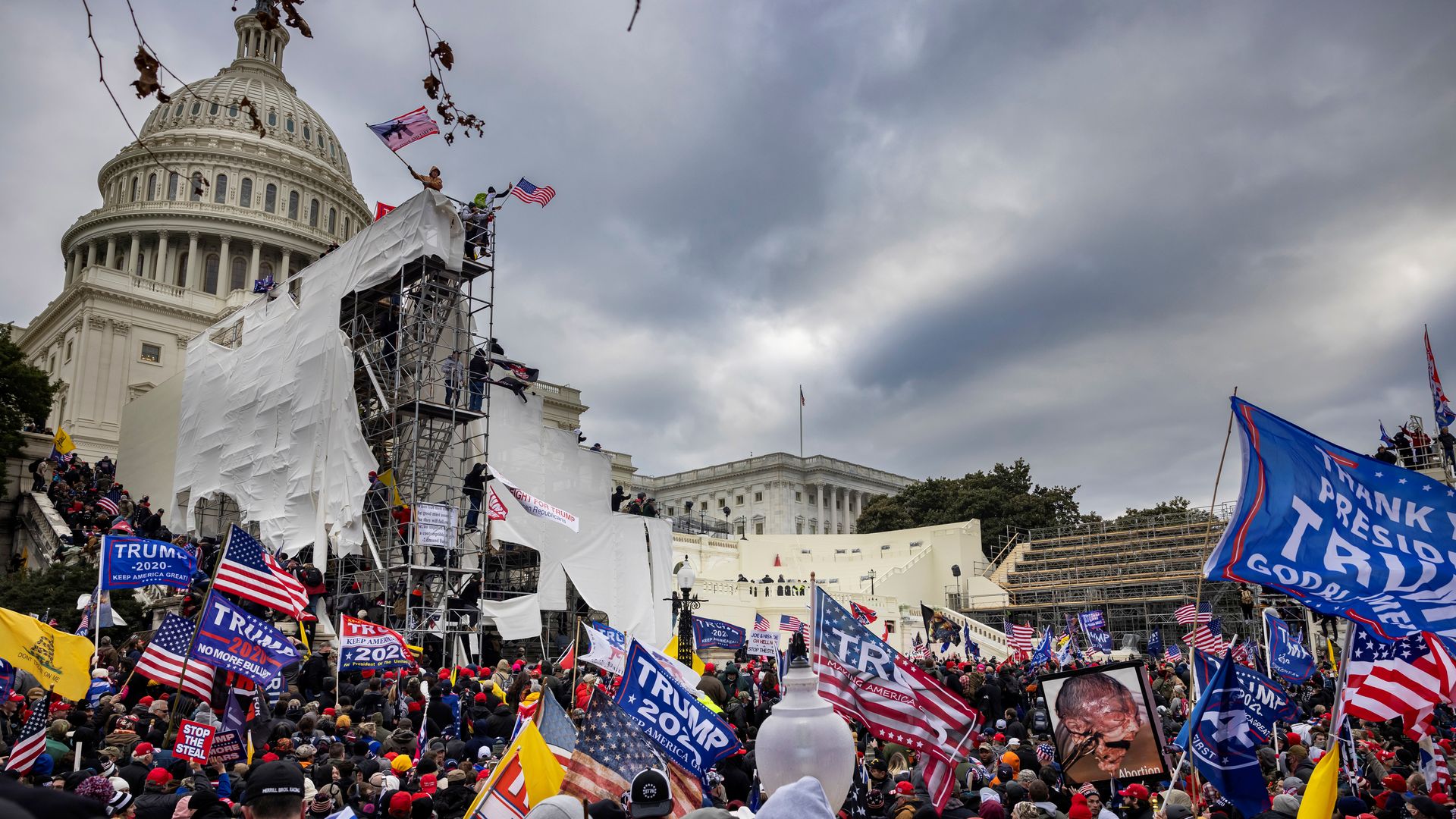 Photo of a mob rioting at the U.S. Capitol holding Trump signs