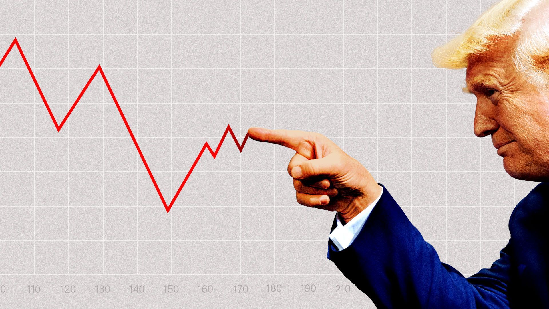 Photo illustration of President Trump stopping the progression of a line chart with his finger