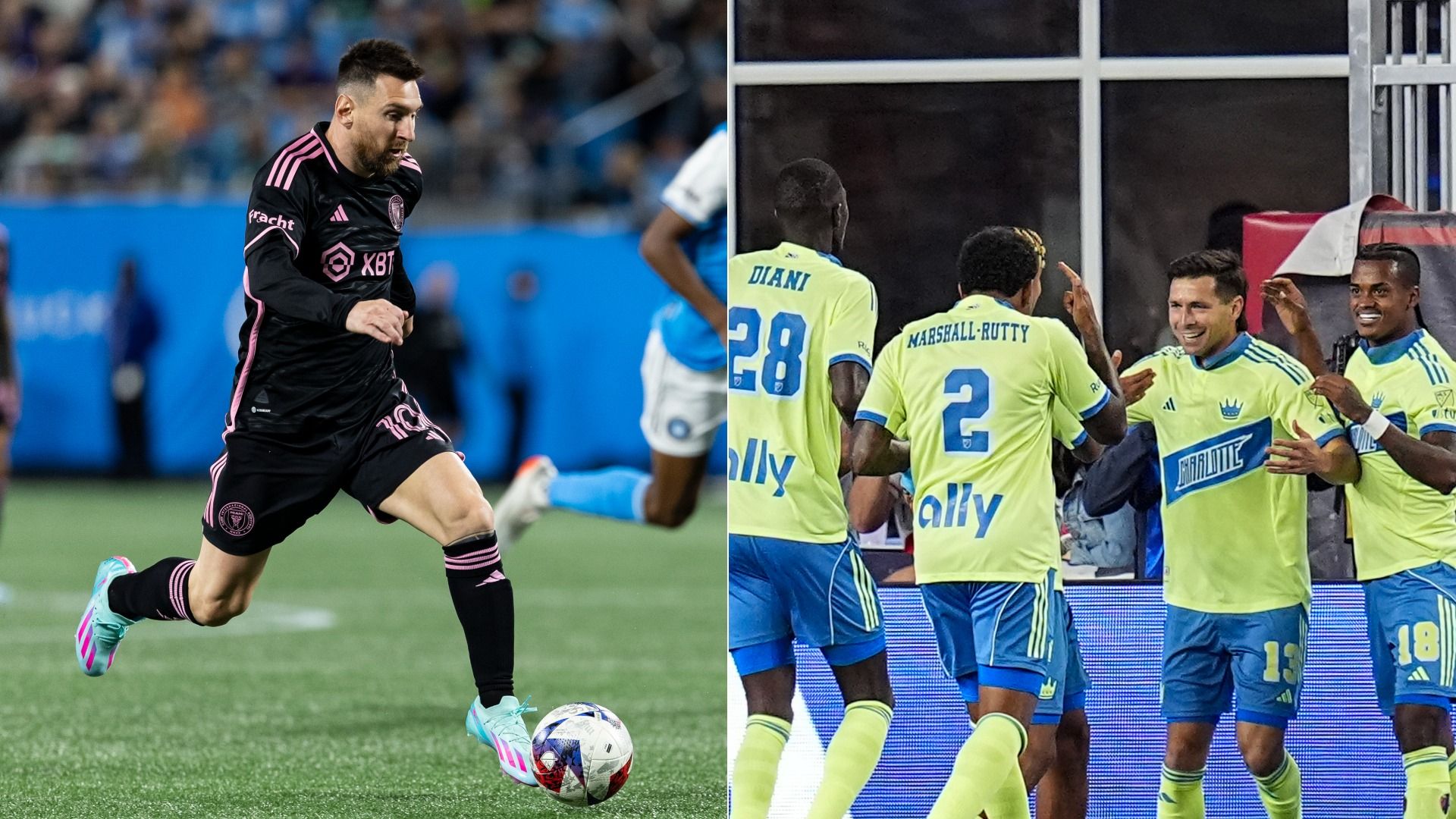 Messi dribbles a ball in a black Inter Miami uniform at Bank of America Stadium. Charlotte FC players celebrate a goal in their retro kit with blue shorts and bright yellow top. 
