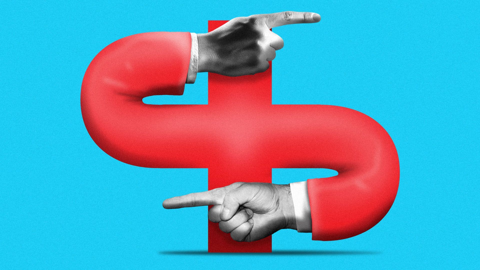 Illustration of medical red cross with hands pointing in opposite directions