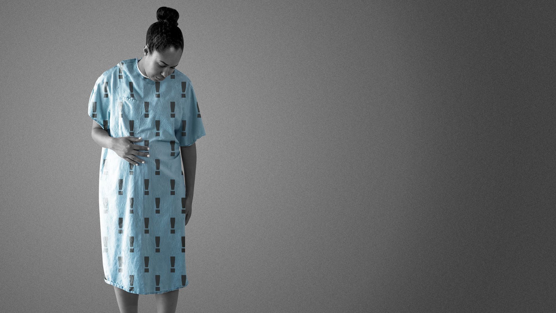 Illustration of a pregnant woman wearing a hospital gown with a pattern of exclamation marks on it.