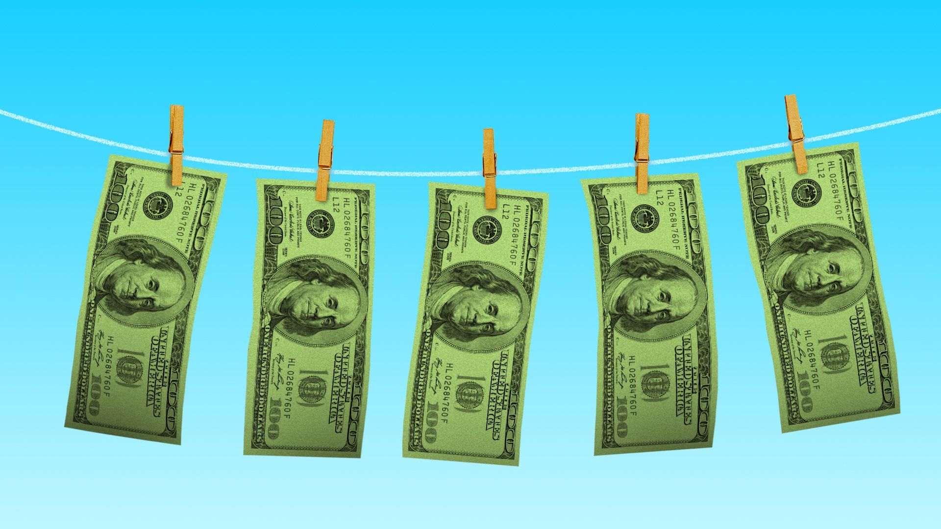 Illustration of money hanging from a clothesline.