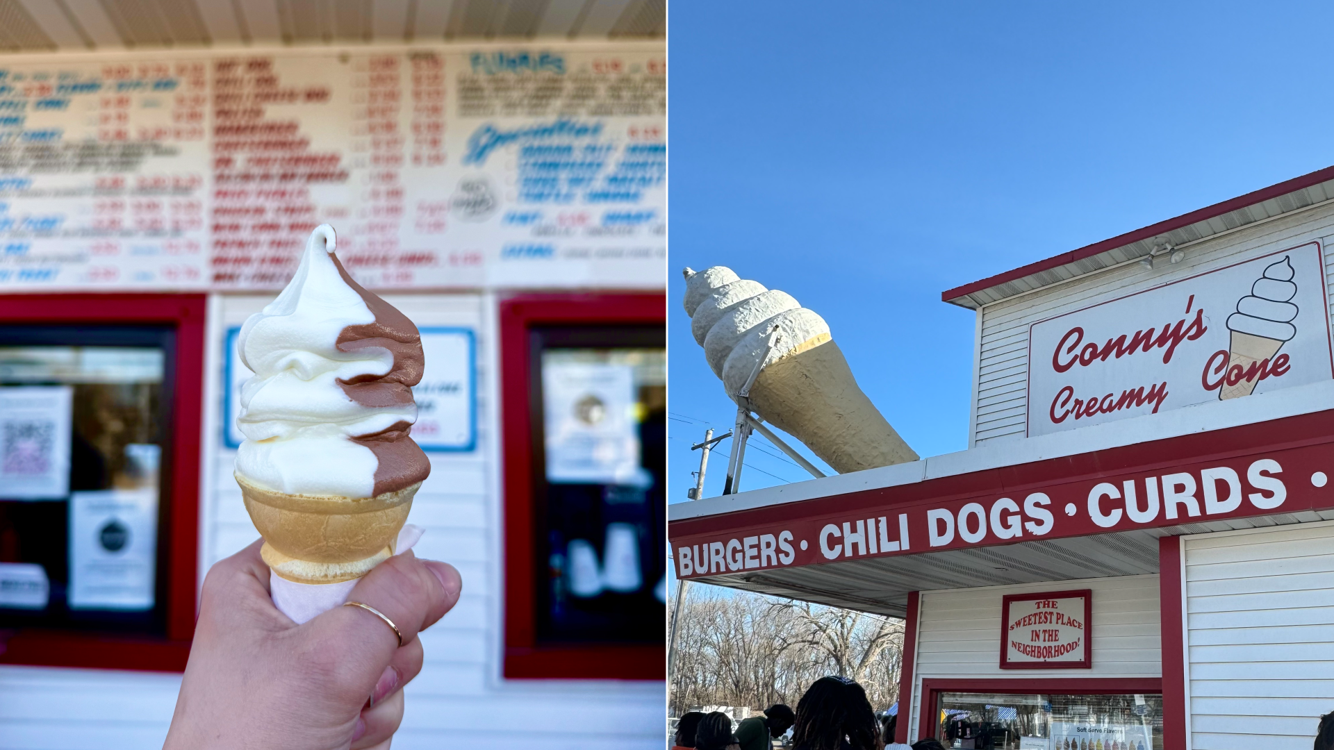 A split screen image of a soft-serve ice cream cone and a red and white ice cream stand called "Conny's Creamy Cone"