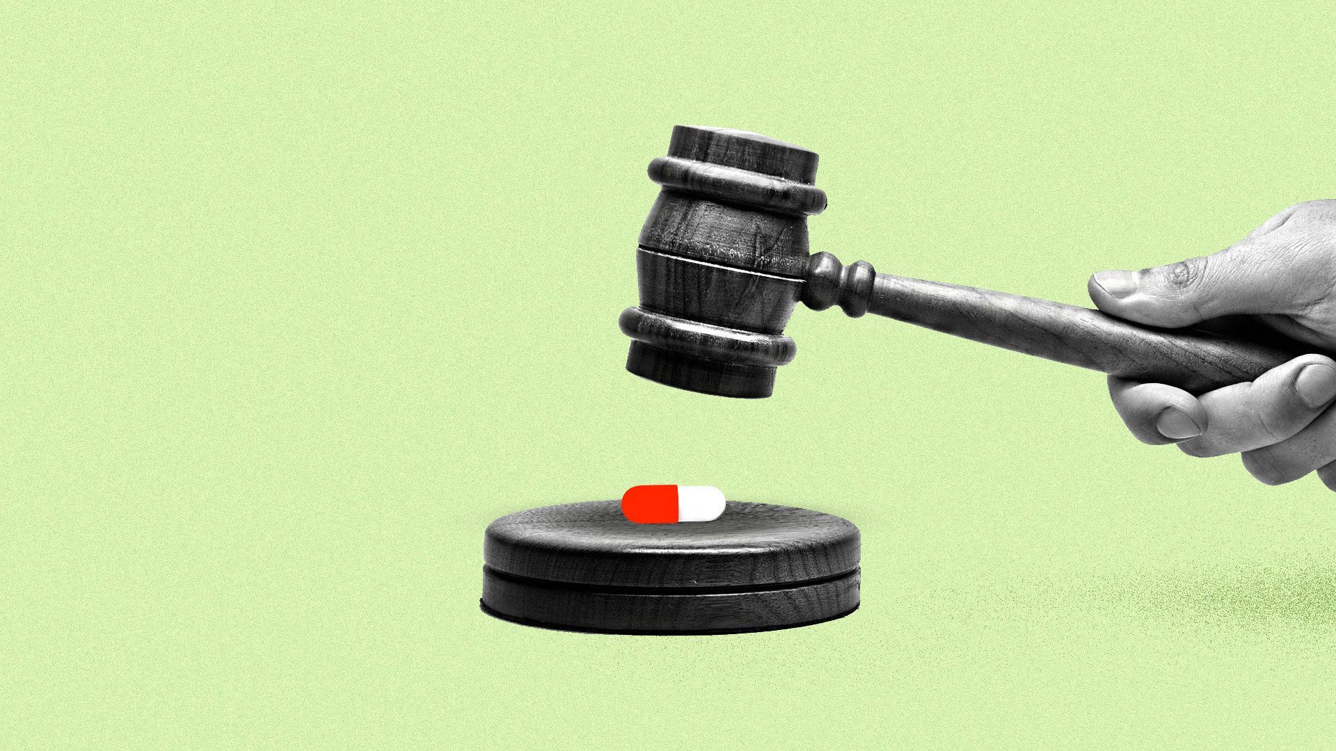 Illustration of a gavel coming down on a pill