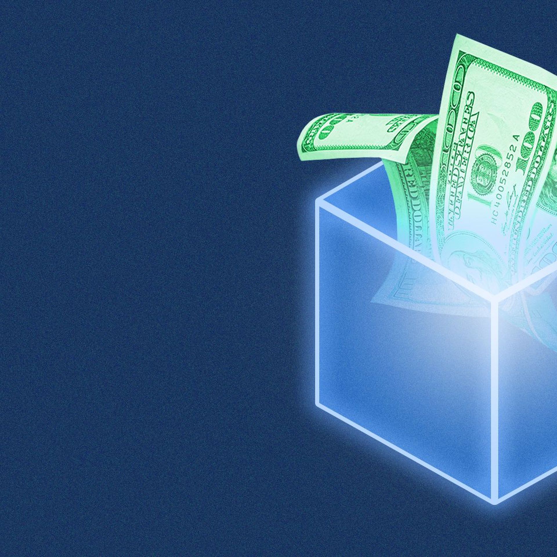 Illustration of a glowing blockchain block with cash inside.