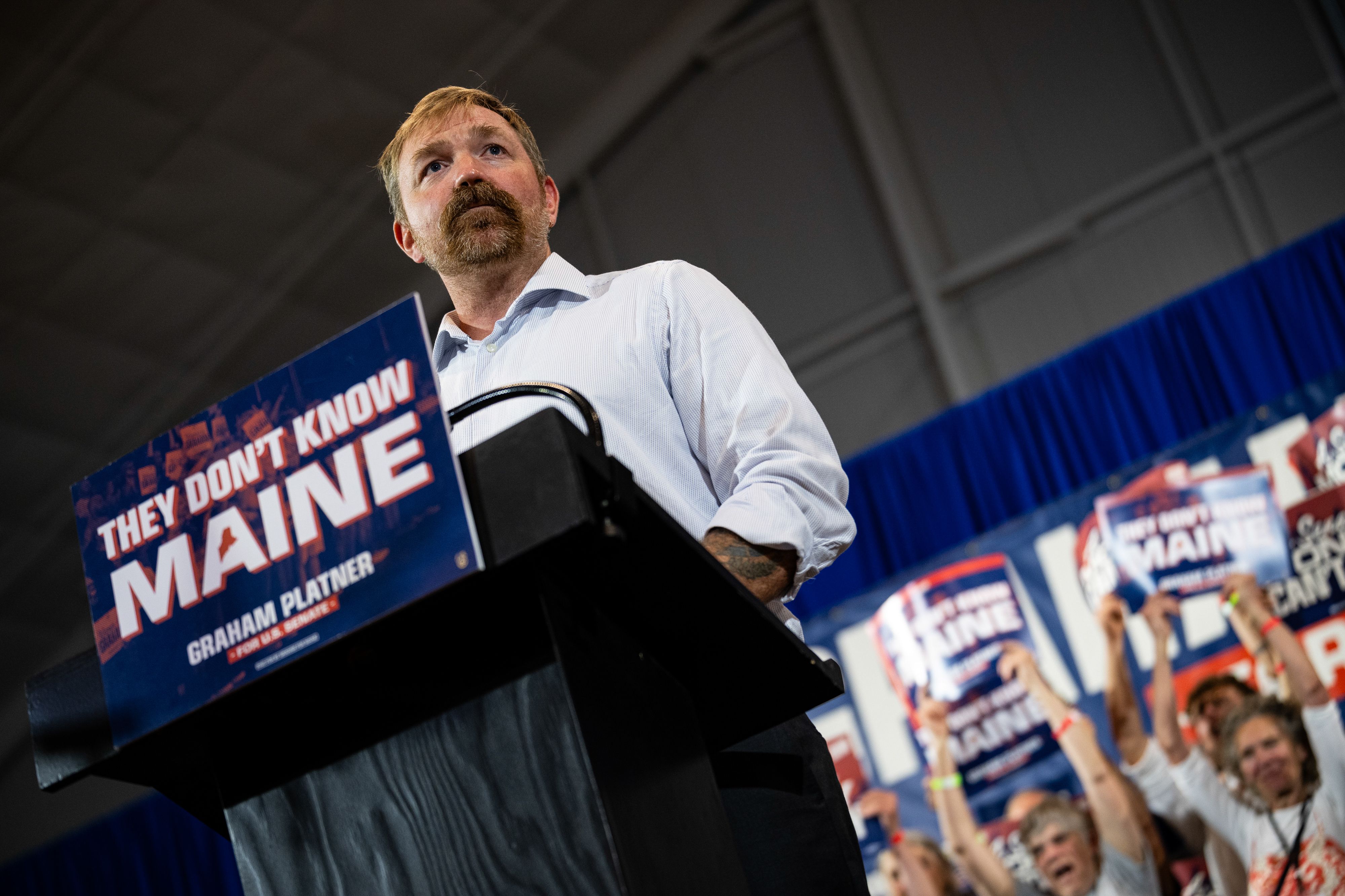 Democratic Senate candidate Graham Platner speaks at a primary night event in Blue Hill, Maine, last month.