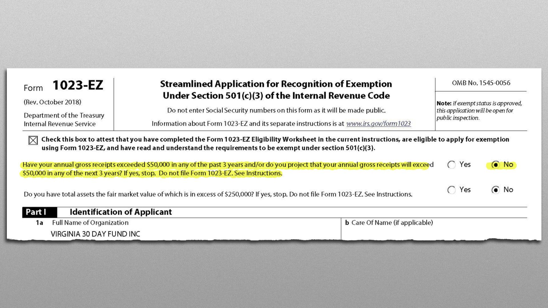 In illustration of a tax filing from the Virginia 30 Day Fund.
