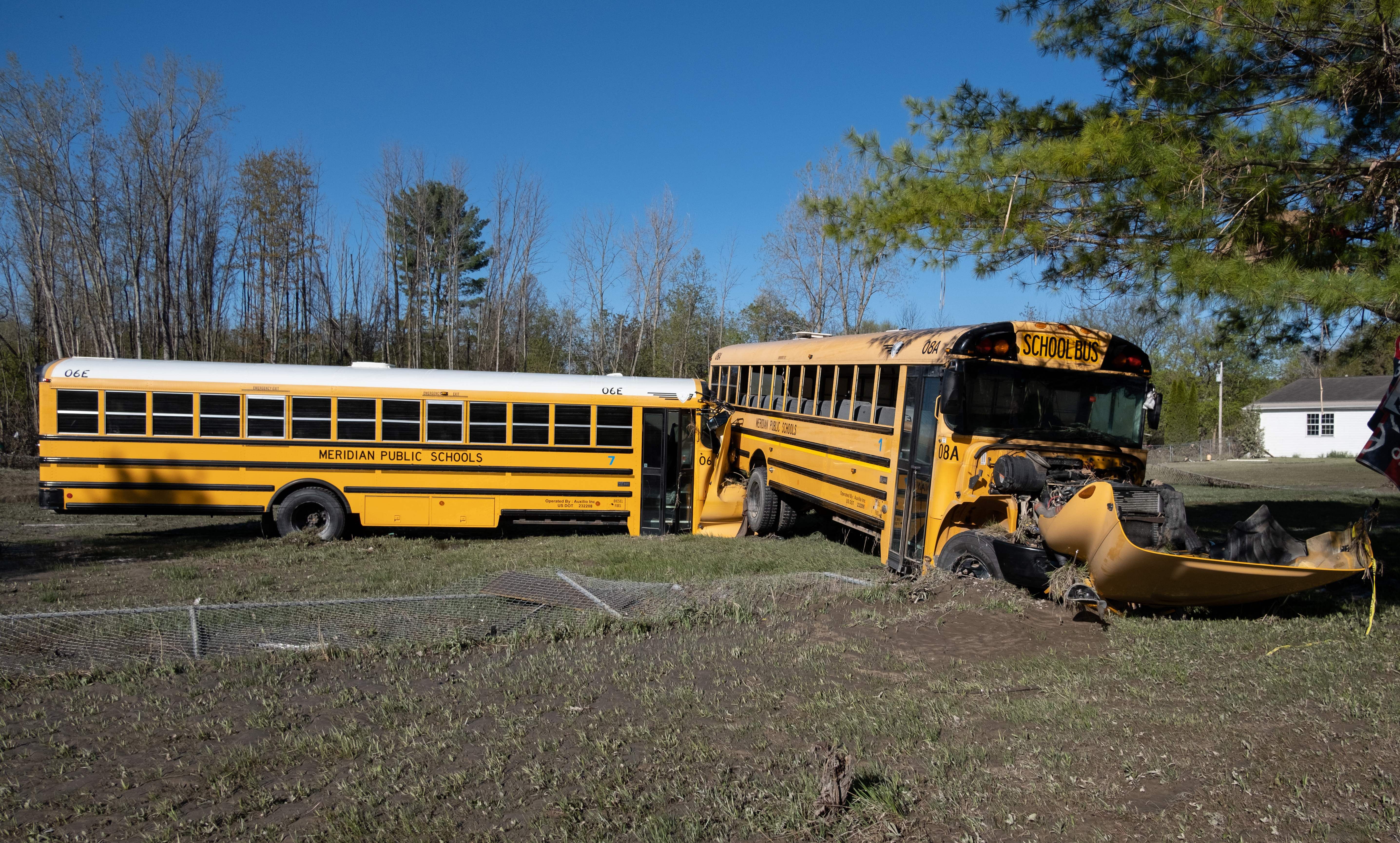 In this image, two school buses are in a field 