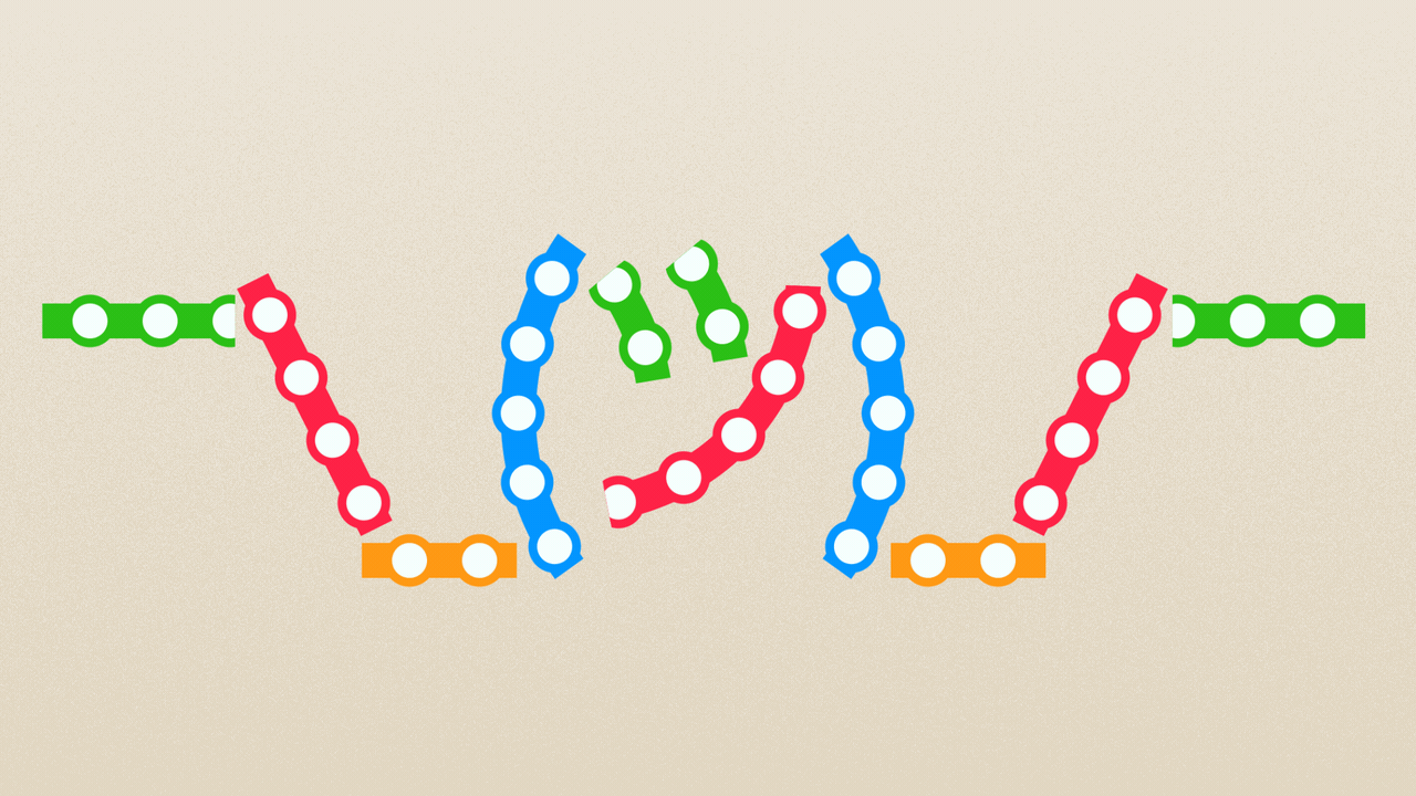 Animated illustration of a shrug emoji made out of pieces of differently colored subway map.